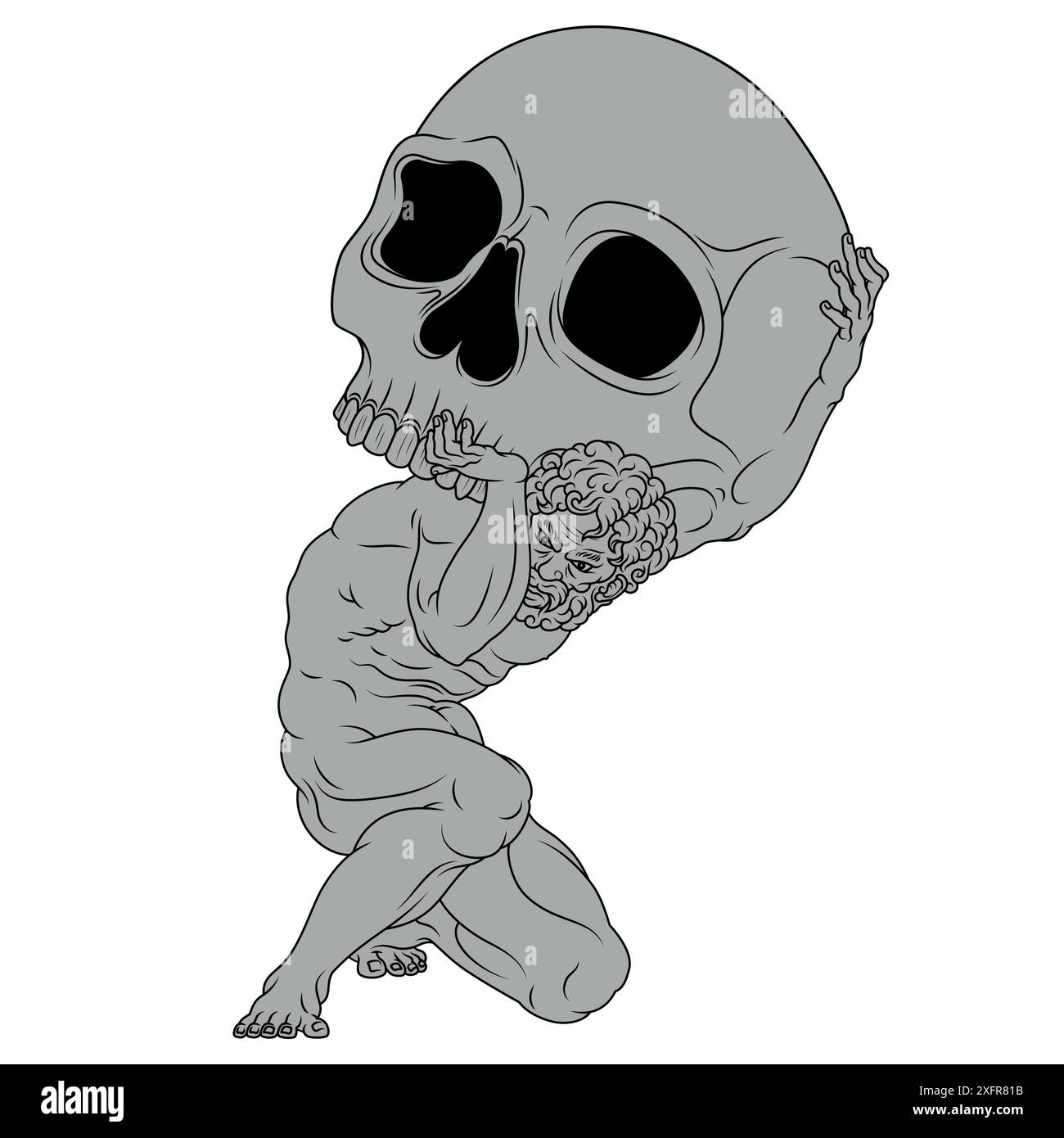 Conception vectorielle du titan Atlas tenant un crâne sur ses épaules, titan de la mythologie grecque avec le crâne d'Halloween Illustration de Vecteur