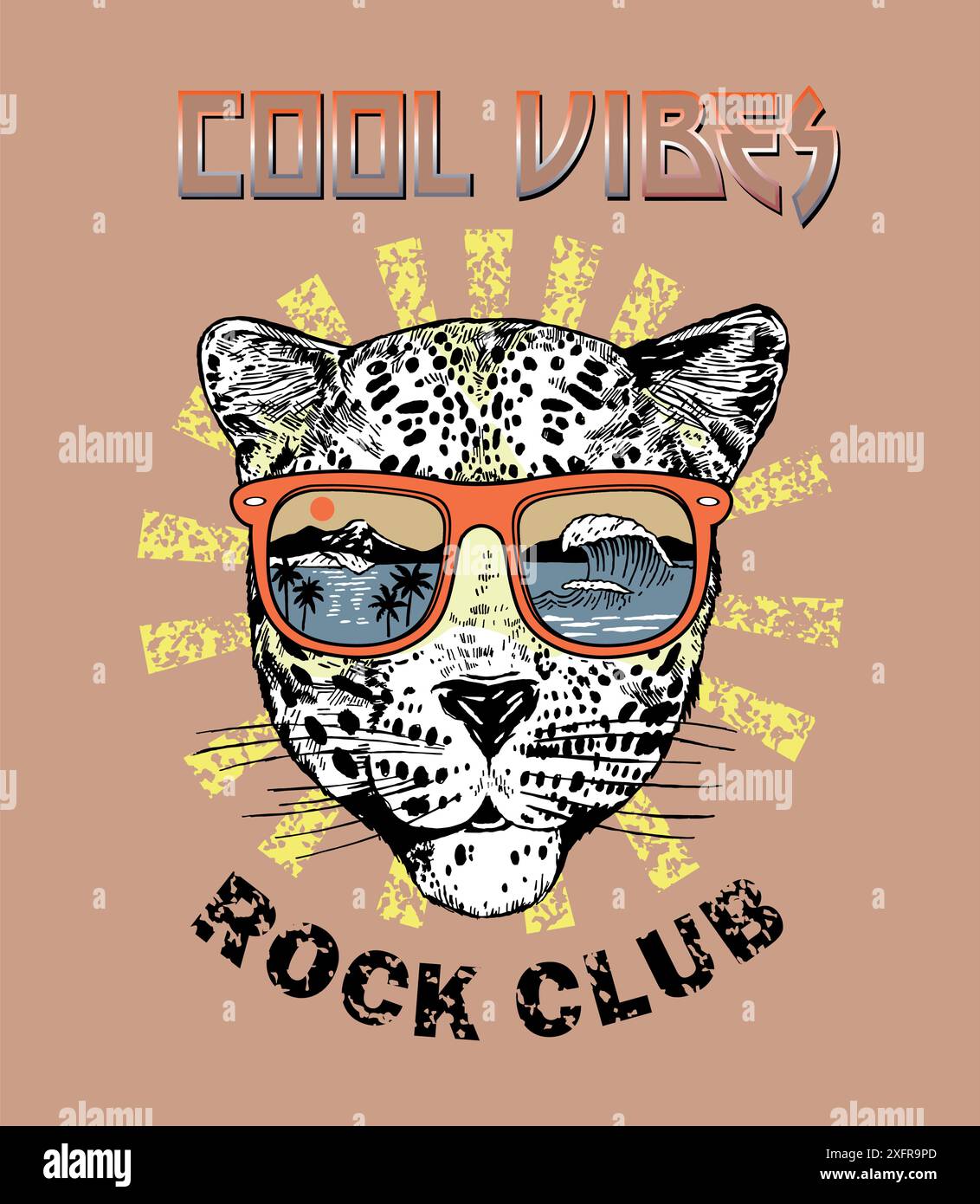 Vecteur, illustration à la main de félins portant des lunettes avec des éléments d'été. Illustration de Vecteur