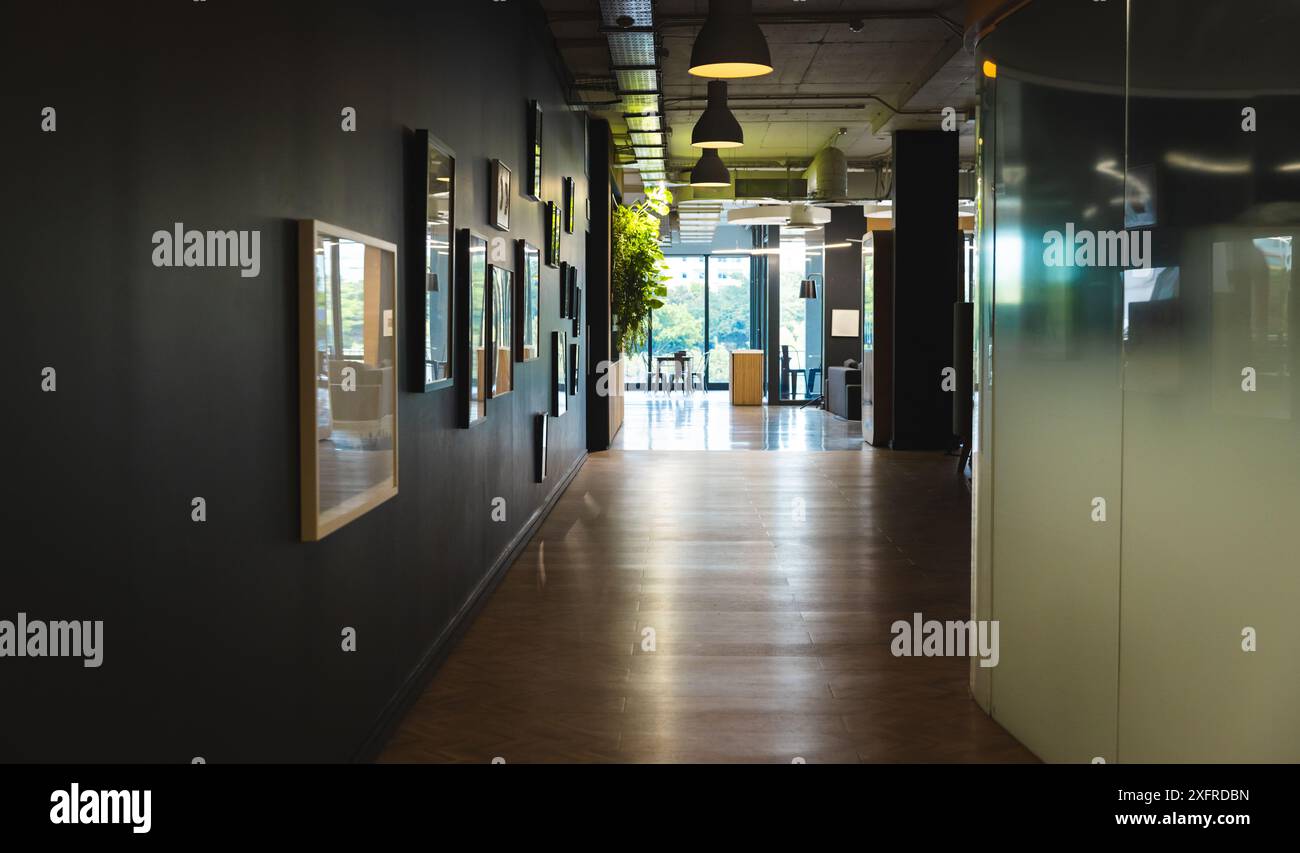 Couloir de bureau moderne avec art encadré sur les murs et lumière naturelle des fenêtres Banque D'Images