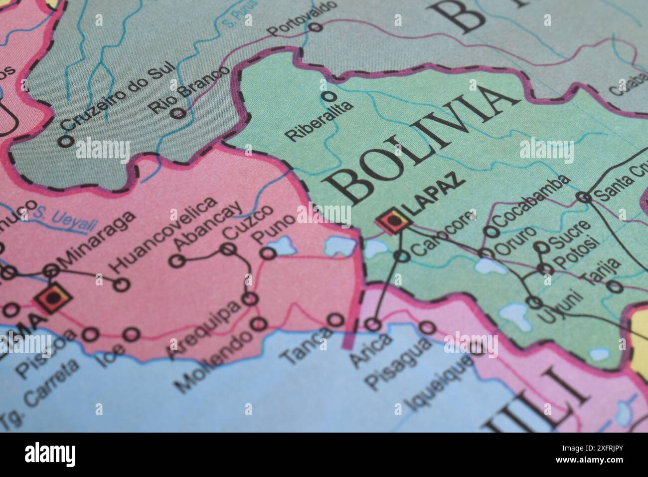 Vue cartographique de la Bolivie. Gros plan et mise au point sélective Banque D'Images