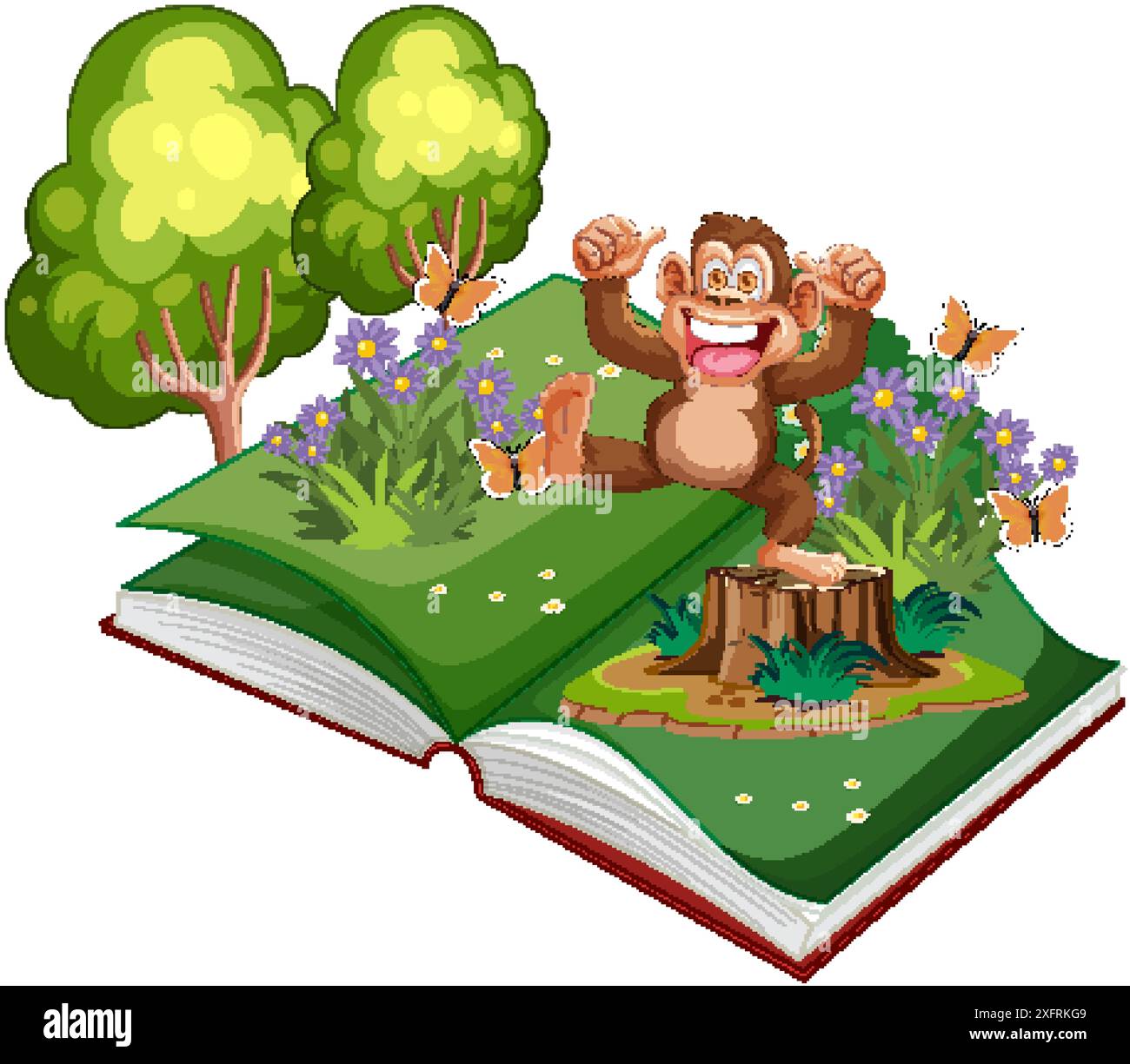 Singe heureux dans une forêt ouverte de livres d'histoires Illustration de Vecteur