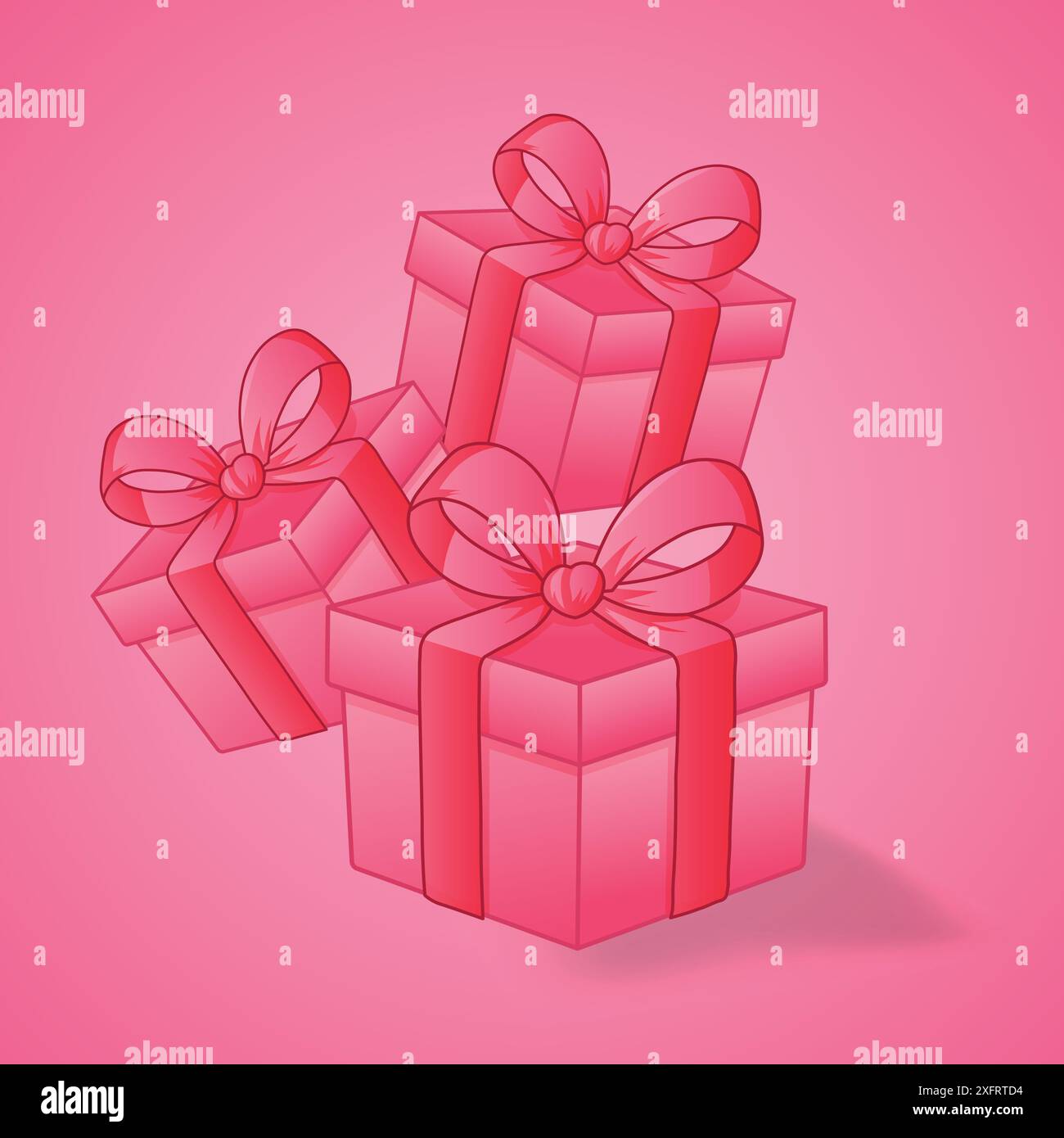 Trois coffrets cadeaux roses avec des noeuds rouges les uns sur les autres. Coffrets cadeaux volant et tombant, concept de célébration et de joie Illustration de Vecteur