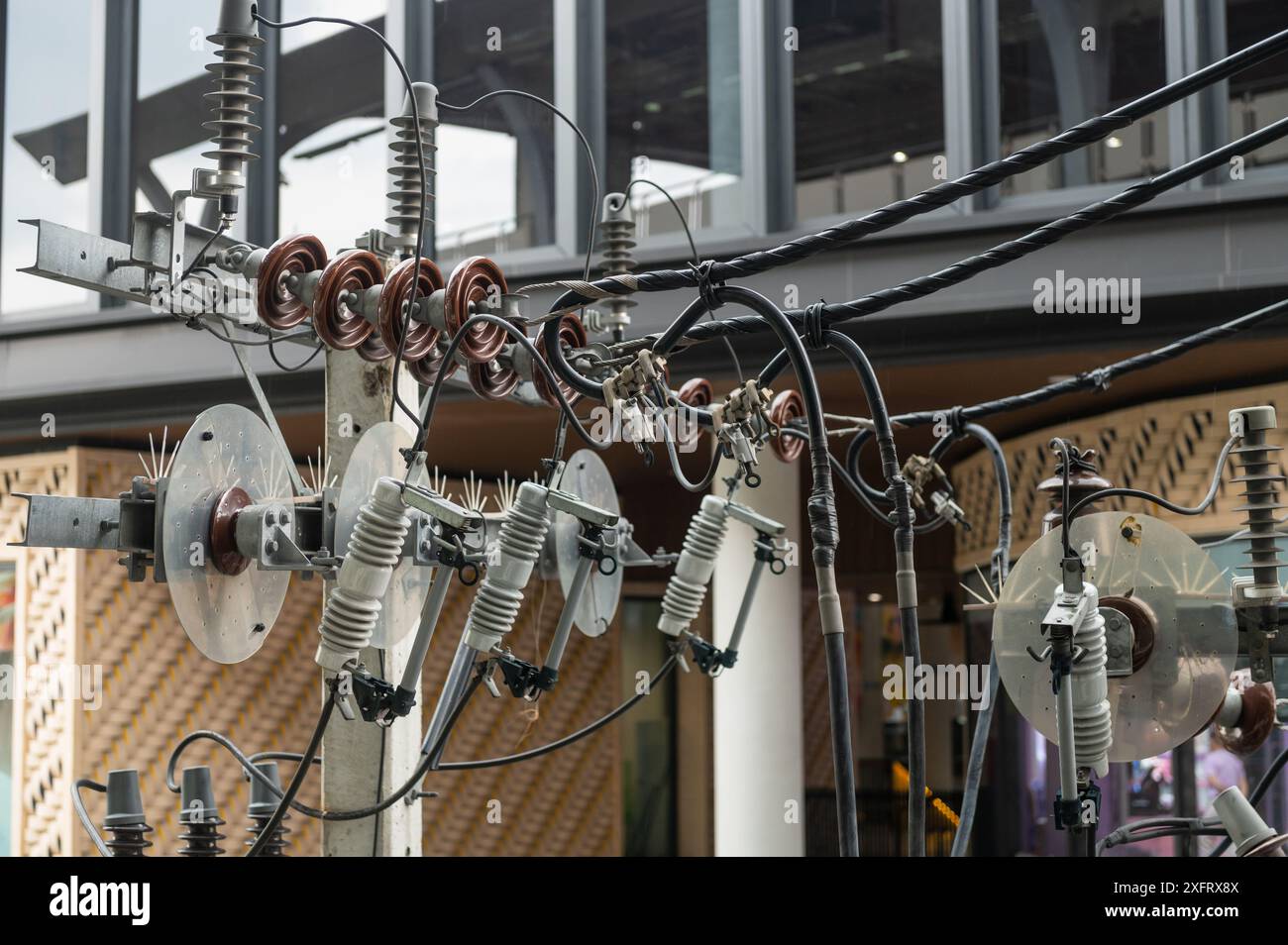 Lignes électriques et isolateurs avec fusibles haute tension montés sur poteau électrique Banque D'Images