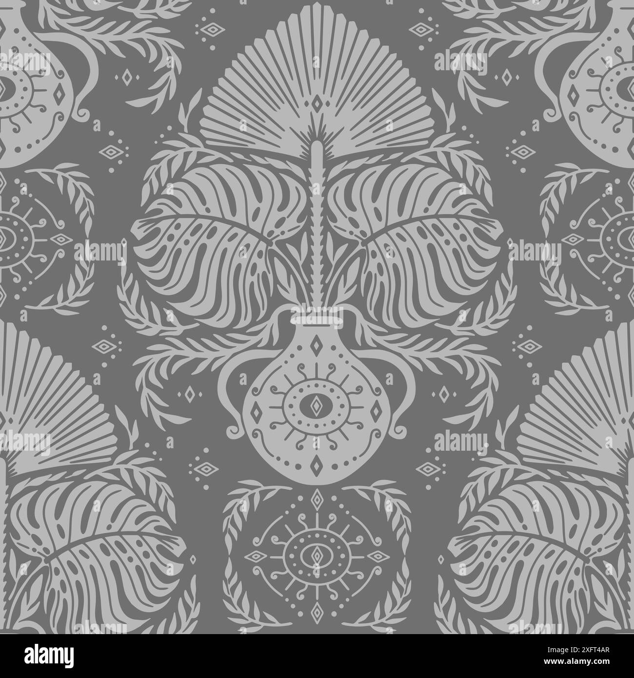 Motif Damas gris sans couture avec motifs tropicaux Illustration de Vecteur