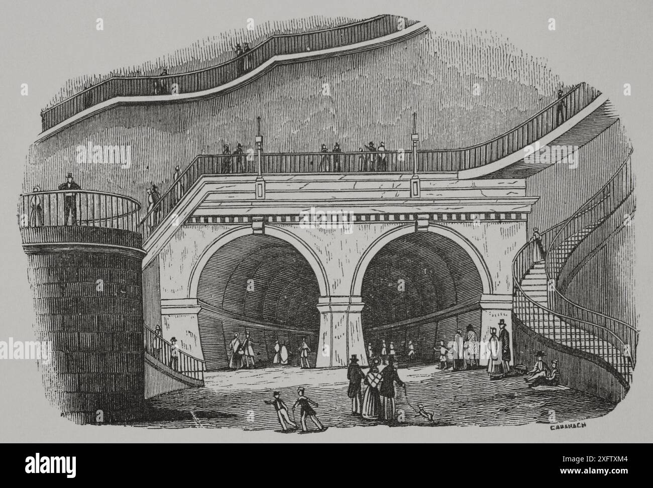 Londres, Angleterre. Tunnel de la Tamise. Galerie traversant sous la Tamise, reliant les arrondissements de Rotherhithe et Wapping. Il a été construit entre 1825 et 1843 par Marc Brunel (1769-1849) et son fils Isambard Kingdom Brunel (1806-1859). Ouvert le 25 mars 1843. Entrée Rotherhithe. Gravure de Cabanach. 'Los Héroes y las Grandezas de la Tierra' (les héros et les grandeurs de la Terre). Volume VIII 1856. Banque D'Images