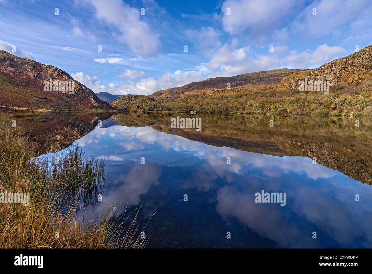 Llyn Dinas avec vue ouest à Moel Lefn. Vallée de Nant Gwynant, Beddgelert, parc national de Snowdonia, nord du pays de Galles, Royaume-Uni. Novembre 2017. Banque D'Images