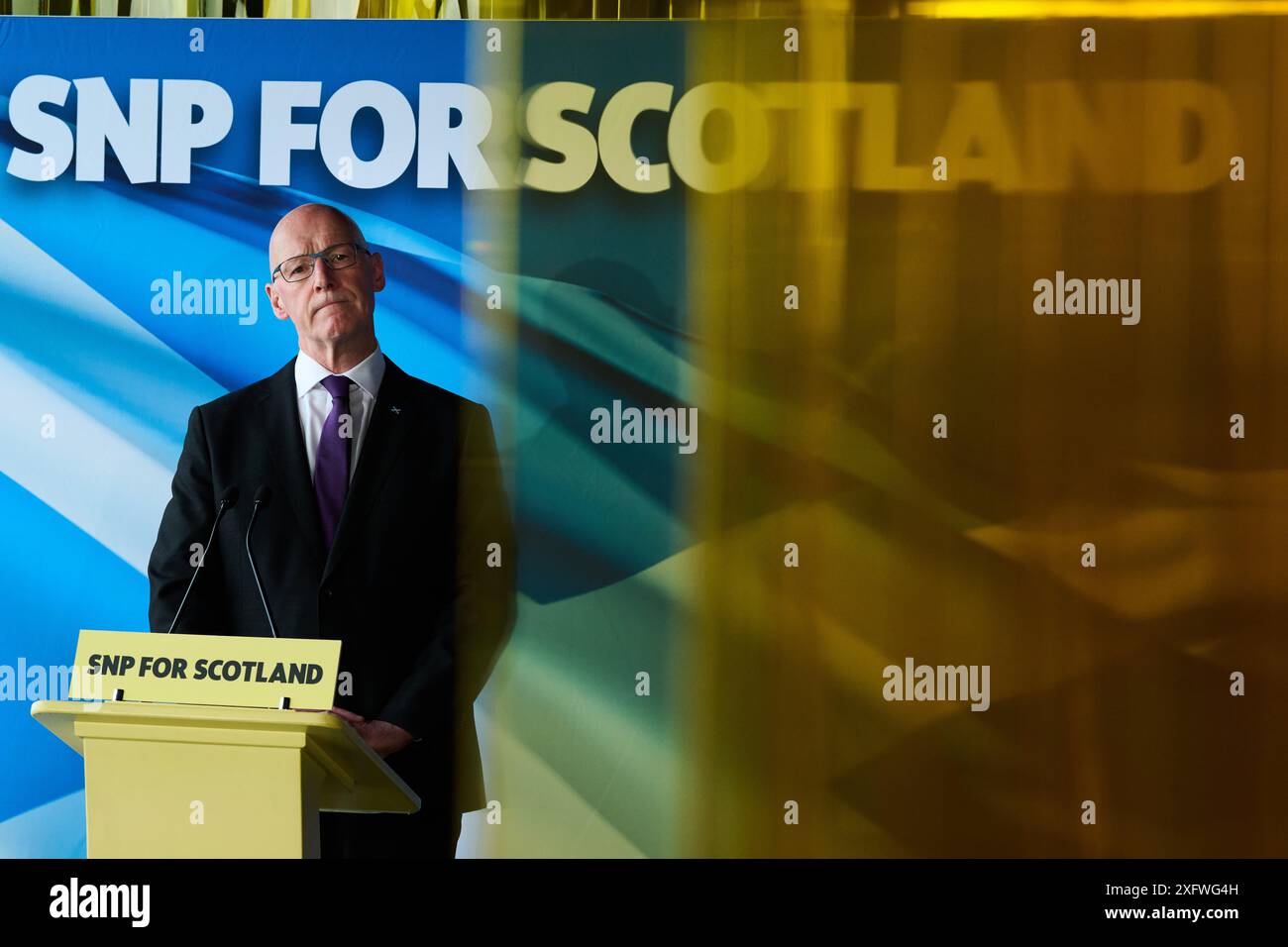 Édimbourg Écosse, Royaume-Uni 05 juillet 2024. John Swinney, chef du SNP à la distillerie du Port de Leith, fait un bref discours et répond aux questions des médias à la suite du résultat de l'élection générale. crédit sst/alamy live news Banque D'Images