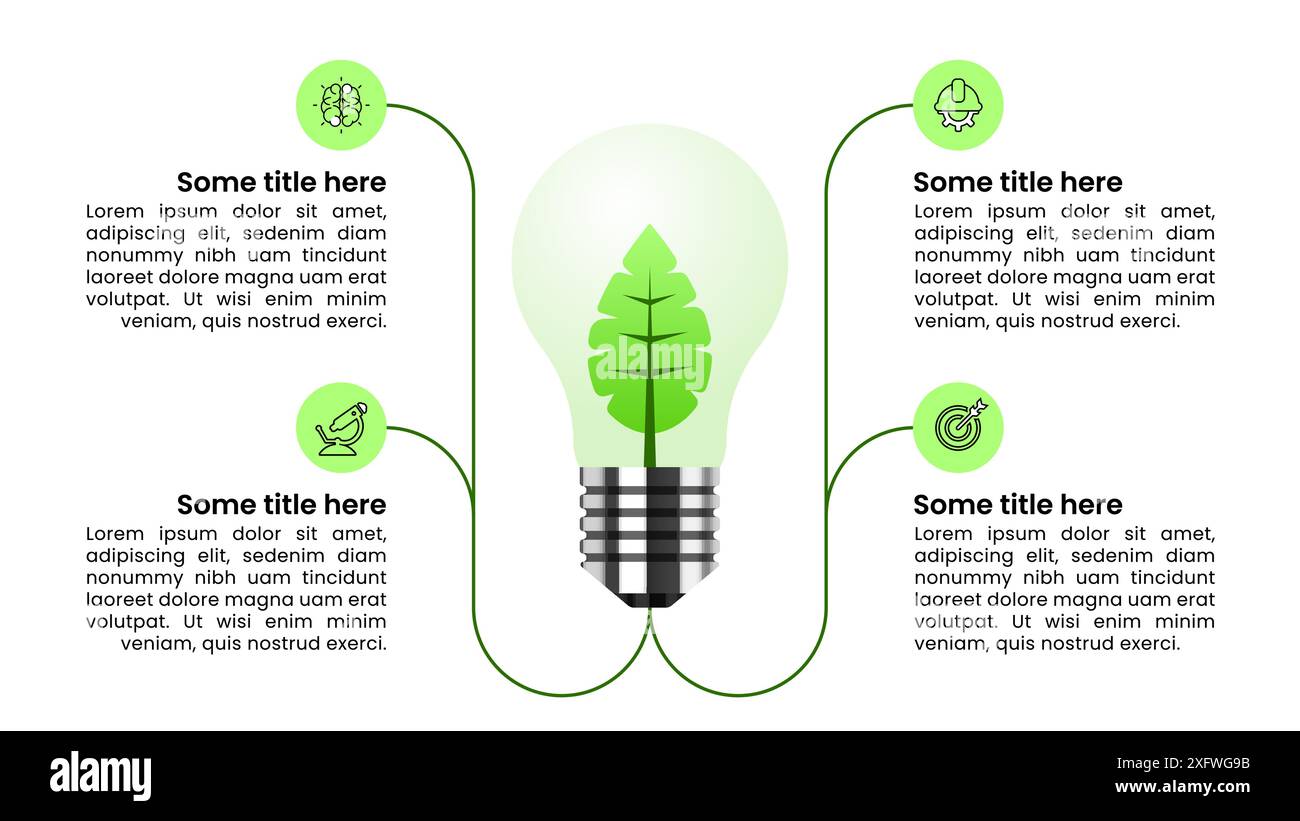 Modèle d'infographie avec icônes et 4 options ou étapes. Ampoule verte. Peut être utilisé pour la mise en page de flux de travail, diagramme, bannière, webdesign. Illustration vectorielle Illustration de Vecteur