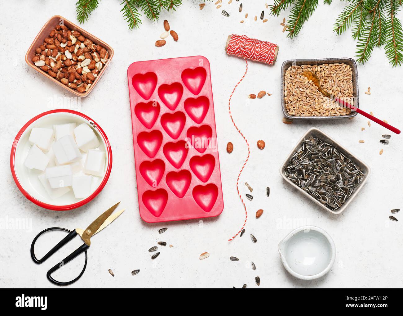 Vue de dessus du lieu de travail avec des barres de coeur en silicone, des arachides biologiques, des graines de tournesol, de la graisse de noix de coco et des outils pour créer des gâteaux d'alimentation d'oiseaux. Banque D'Images