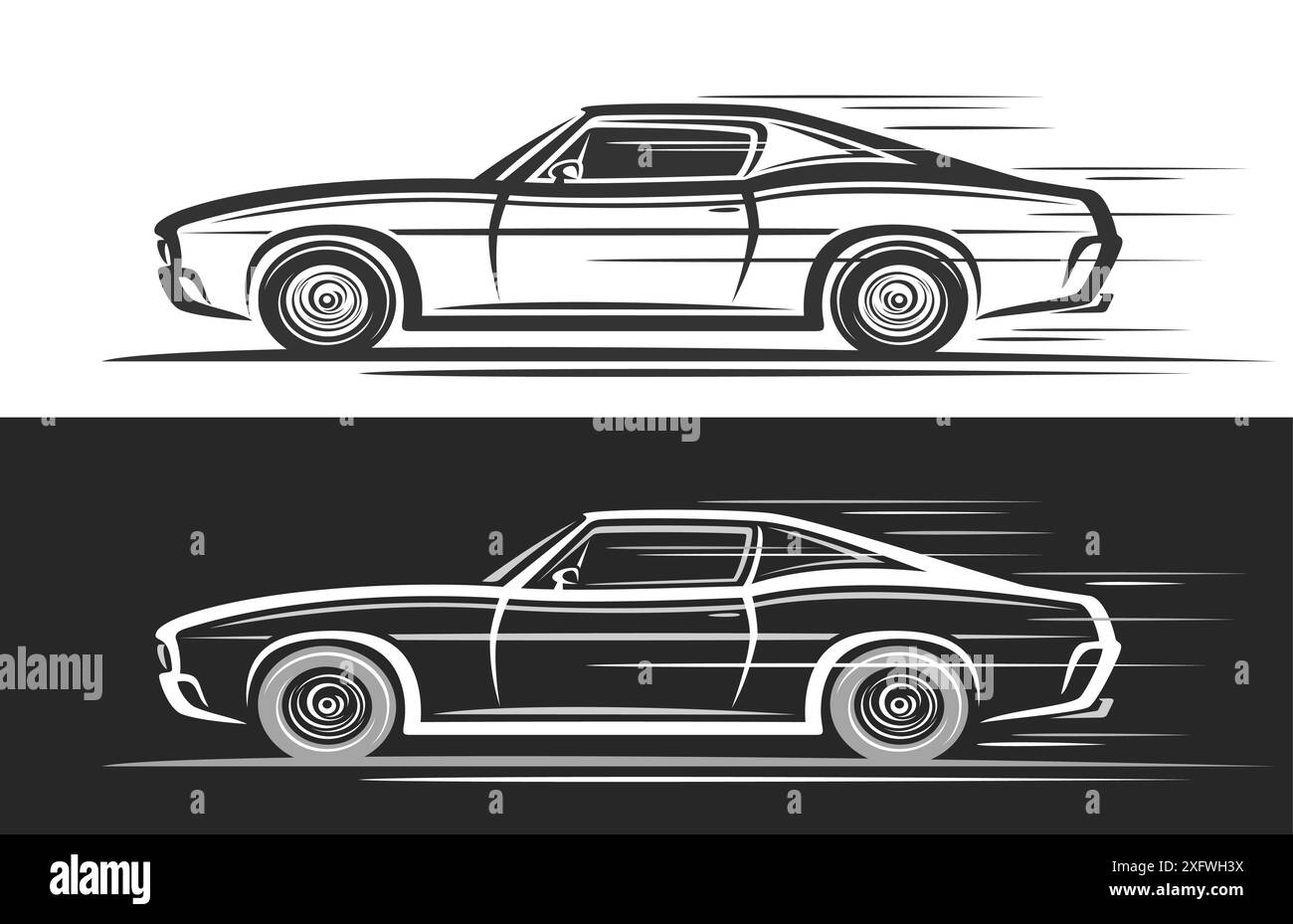 Logo vectoriel pour la voiture de muscle, bannières automobiles horizontales avec illustration de la voiture de muscle de style classique en mouvement, illustration décorative de monoc en cours d'exécution Illustration de Vecteur