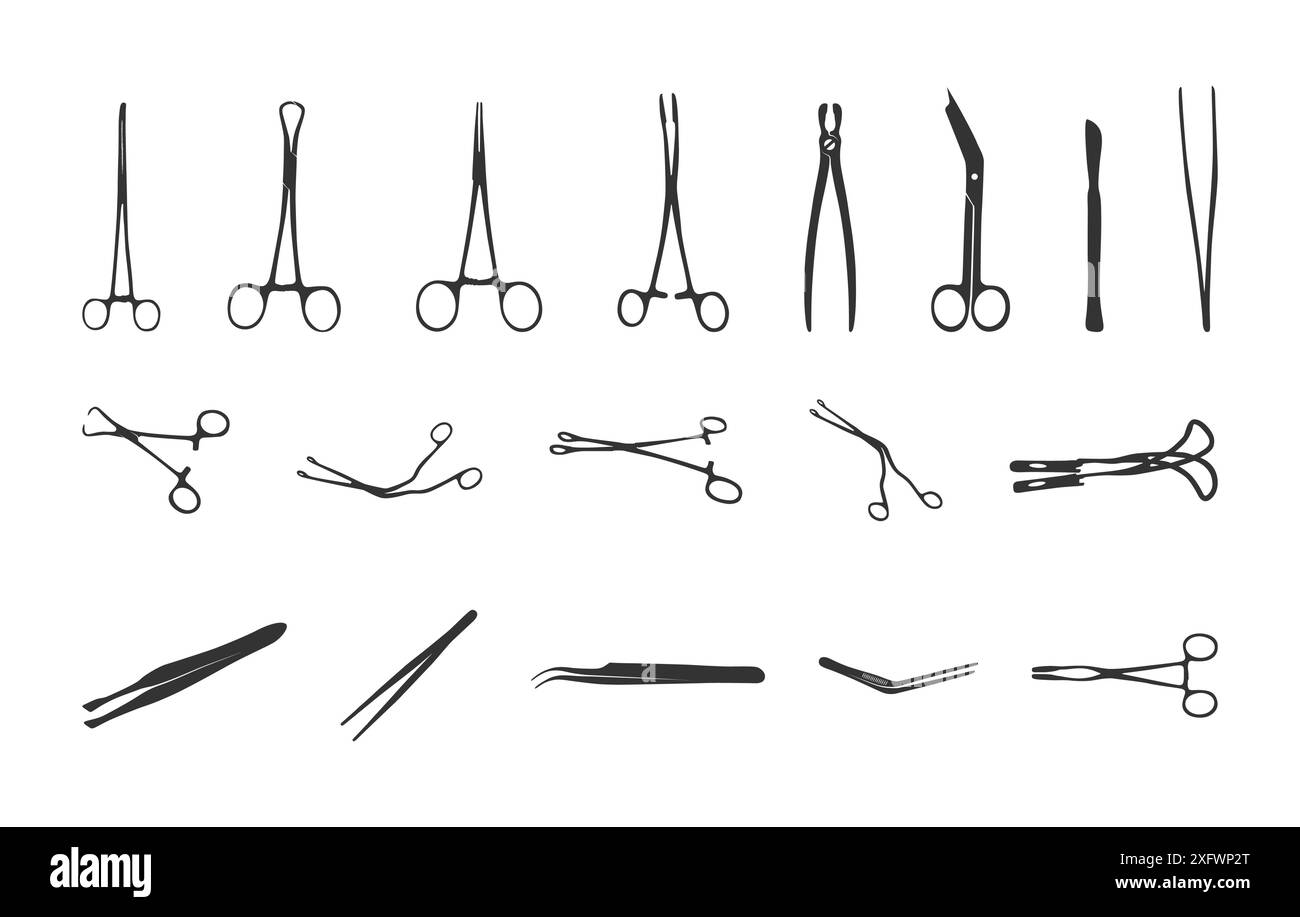 Silhouette d'instruments chirurgicaux, silhouette de forceps chirurgicaux, silhouettes d'instruments de chirurgien, silhouette de forceps médicaux Illustration de Vecteur