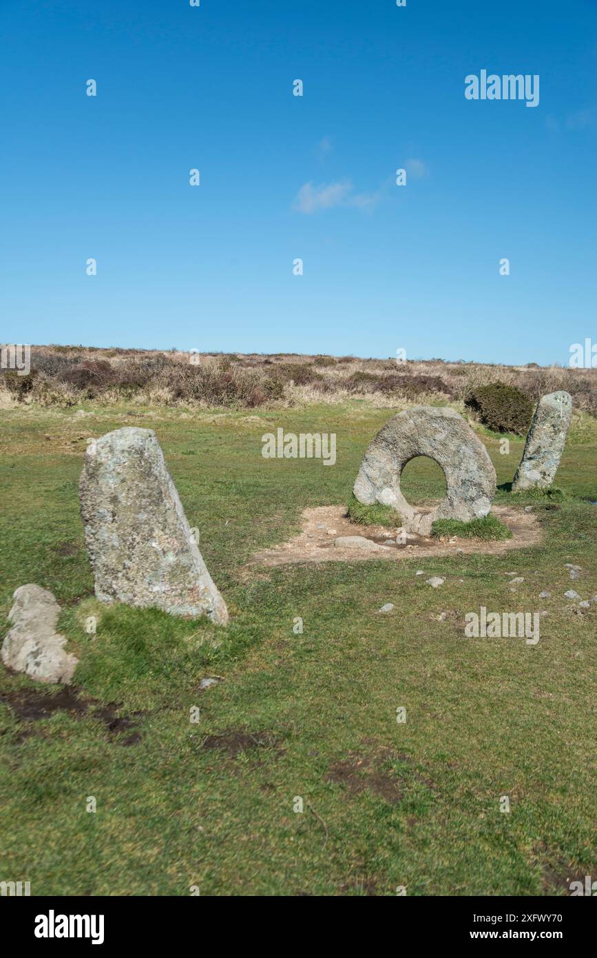 Men-an-Tol, Néolithique ou monument de l'âge du bronze. Cornwall, Angleterre, Royaume-Uni. Mars 2018. Banque D'Images