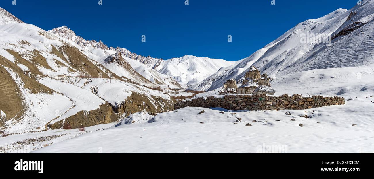 Montagnes enneigées de l'Himalaya, habitat du léopard des neiges (Panthera uncia), Parc national de Hemis, Ladakh, Inde. Février 2014. Panorama assemblé numériquement. Banque D'Images