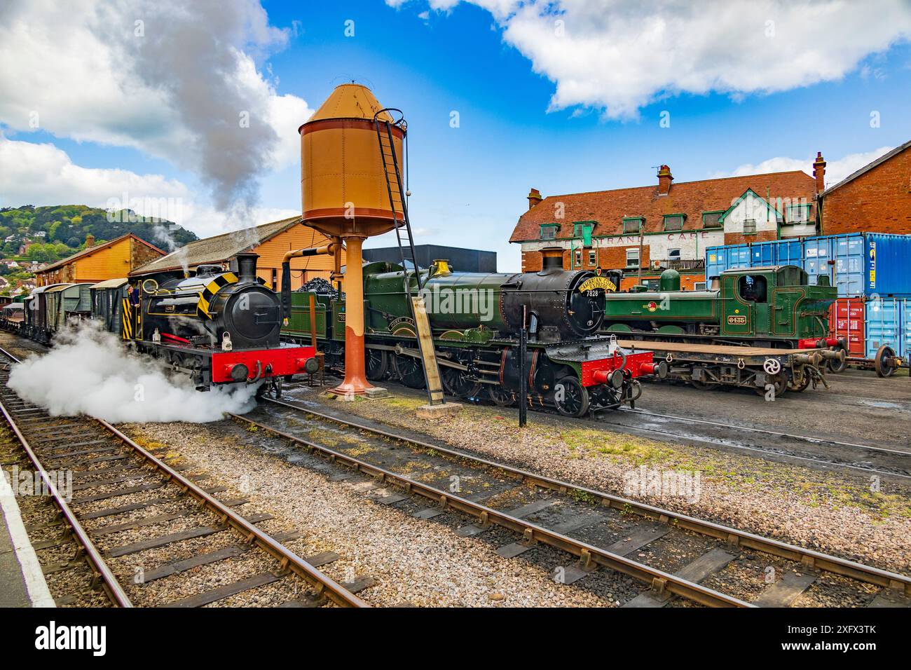 Une collection de machines à vapeur préservées dans la cour du hangar à la station Minehead au West Somerset Railway Spring Gala, Angleterre, Royaume-Uni Banque D'Images