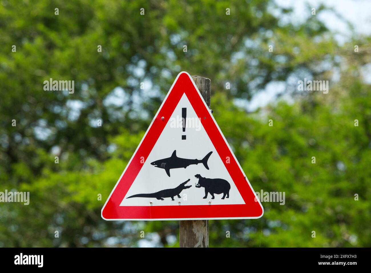 Panneau d'avertissement sur les animaux dangereux locaux, y compris les hippopotames, les crocodiles et les requins. ISimangaliso Wetland Park, KwaZulu-Natal, Afrique du Sud Banque D'Images