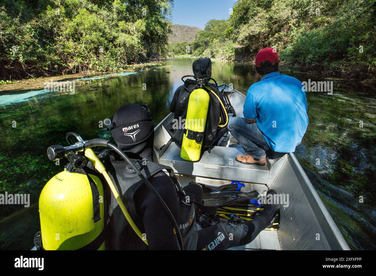 Repérage de la rivière sur un petit bateau conduit par un moteur électrique prêt à plonger, rivière Formoso, Bonito, Mato Grosso do Sul, Brésil Banque D'Images