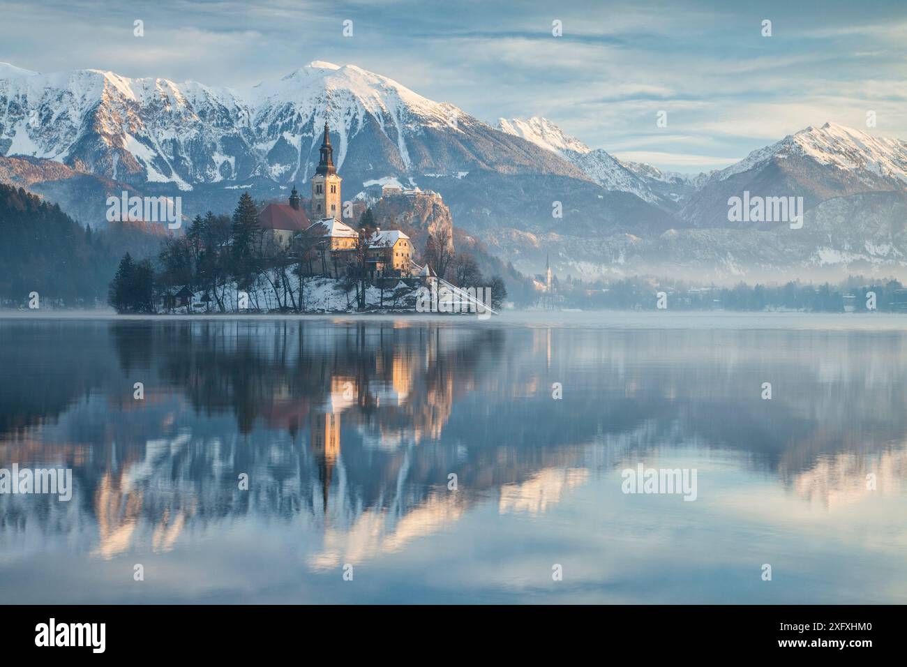 Église de l'Assomption de Marie et château de Bled, île de Bled, Alpes juliennes, Slovénie, janvier 2010. Banque D'Images