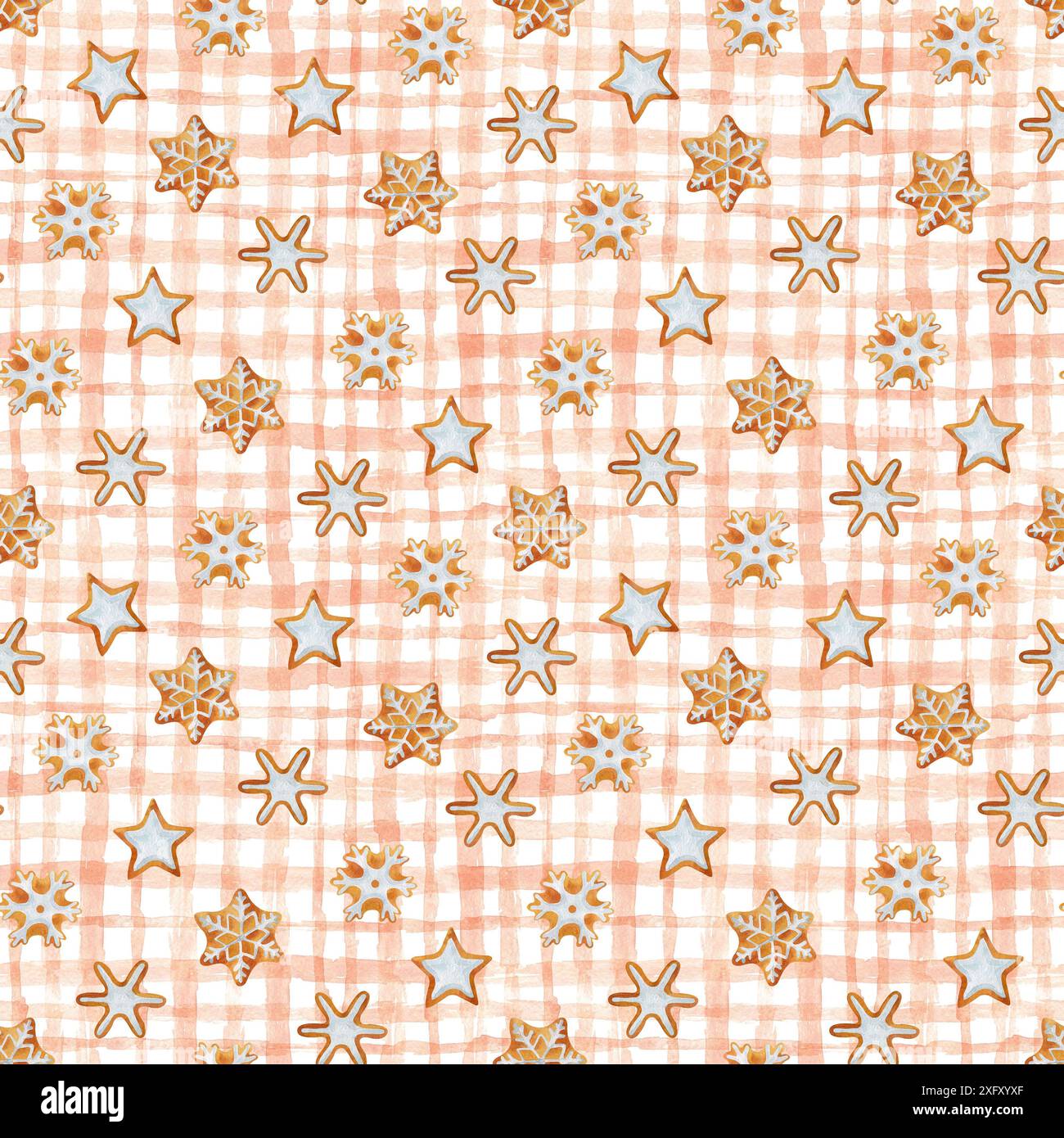 Aquarelle dessin à la main motif sans couture de Noël avec des biscuits en pain d'épice sur fond à carreaux beige. Toile de fond de vacances sans fin. Plaid beige. Scrapb Banque D'Images