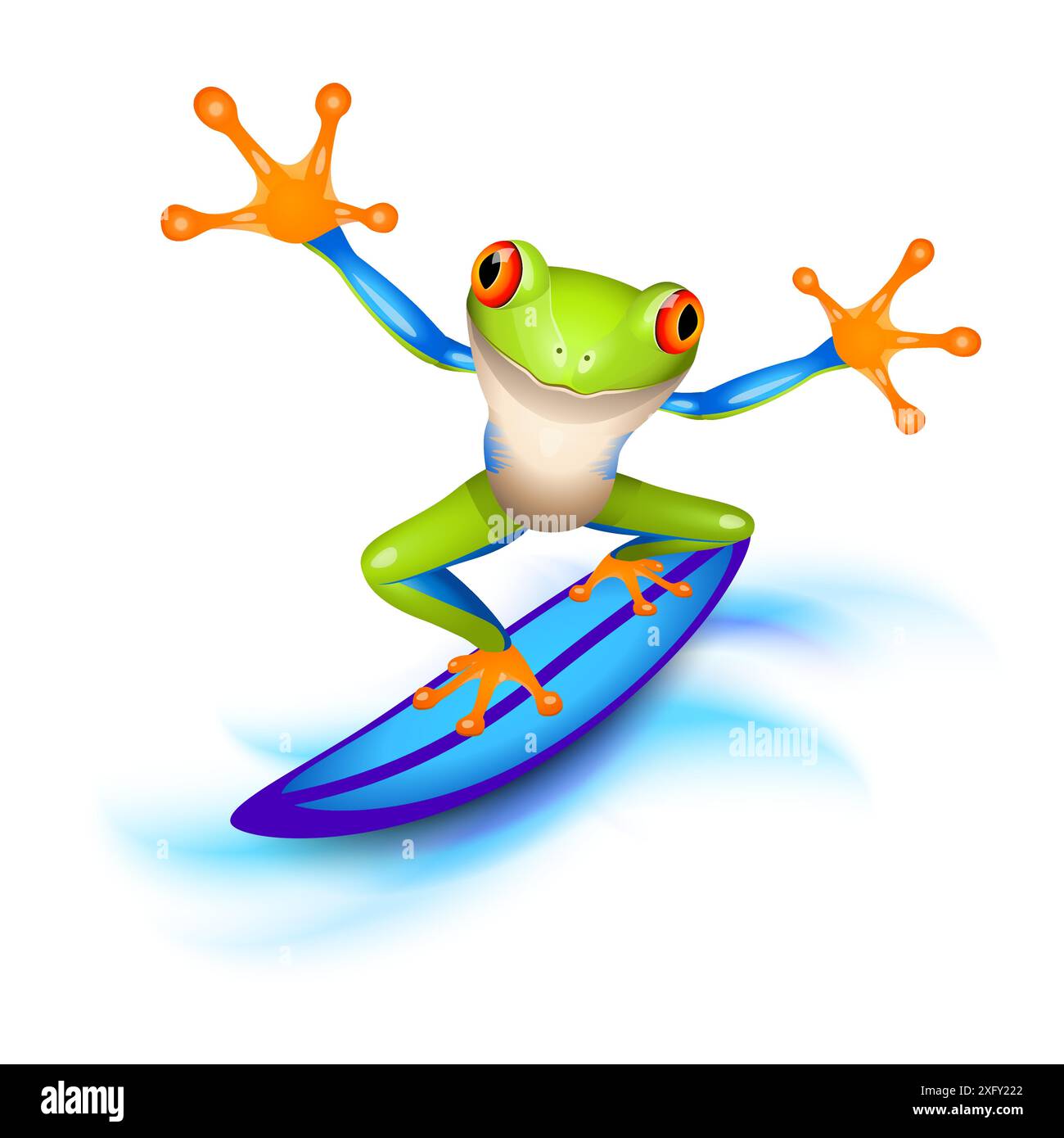 Petit surfeur de grenouille d'arbre chevauchant la vague debout sur une planche de surf bleue Illustration de Vecteur