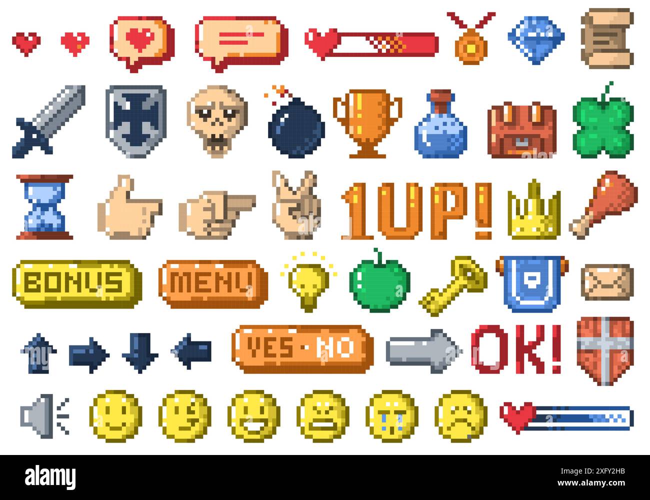 Icônes de l'interface utilisateur du jeu Pixel. Boutons et éléments d'interface de jeu vidéo rétro, modèle de conception de menu d'application 8 bits. Collection isolée par vecteur. Illustration de Vecteur
