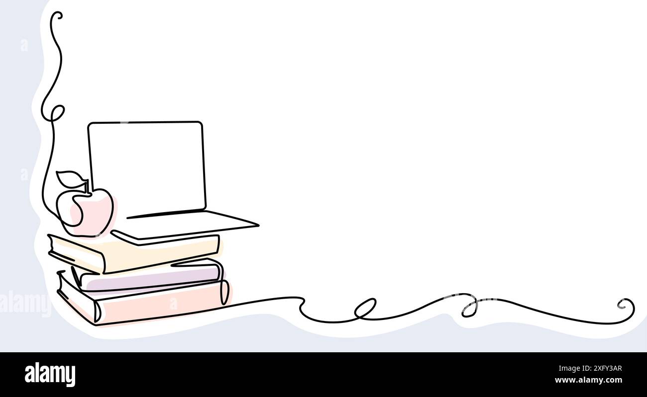 Les livres s'empilent avec le carnet et la pomme. Cadre d'angle. Illustration de Vecteur