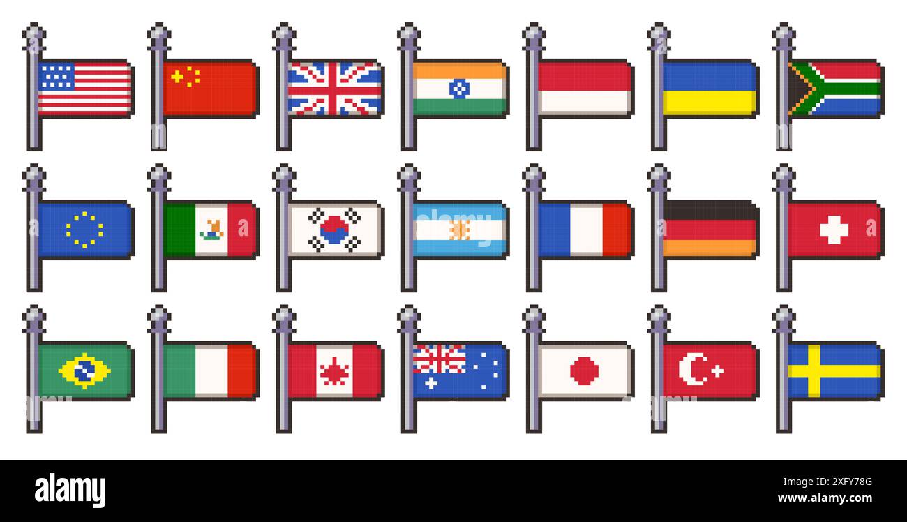 Drapeaux de pays en pixels. Symboles nationaux de drapeau rétro de l'Italie, de la France, de l'Allemagne, du Japon, des États-Unis et d'autres, icônes de mosaïque 8 bits pour la conception de jeux vidéo. Vecteur Illustration de Vecteur