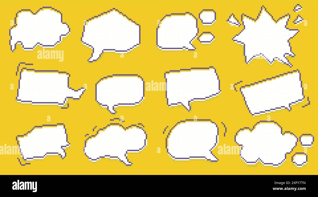 Bulles de parole en pixels. Messages de chat comiques rétro éléments de cadre de bulle de discours, autocollant de bulle de dialogue de jeu de bits avec texte. Bulles de parole vectorielles isolées Illustration de Vecteur