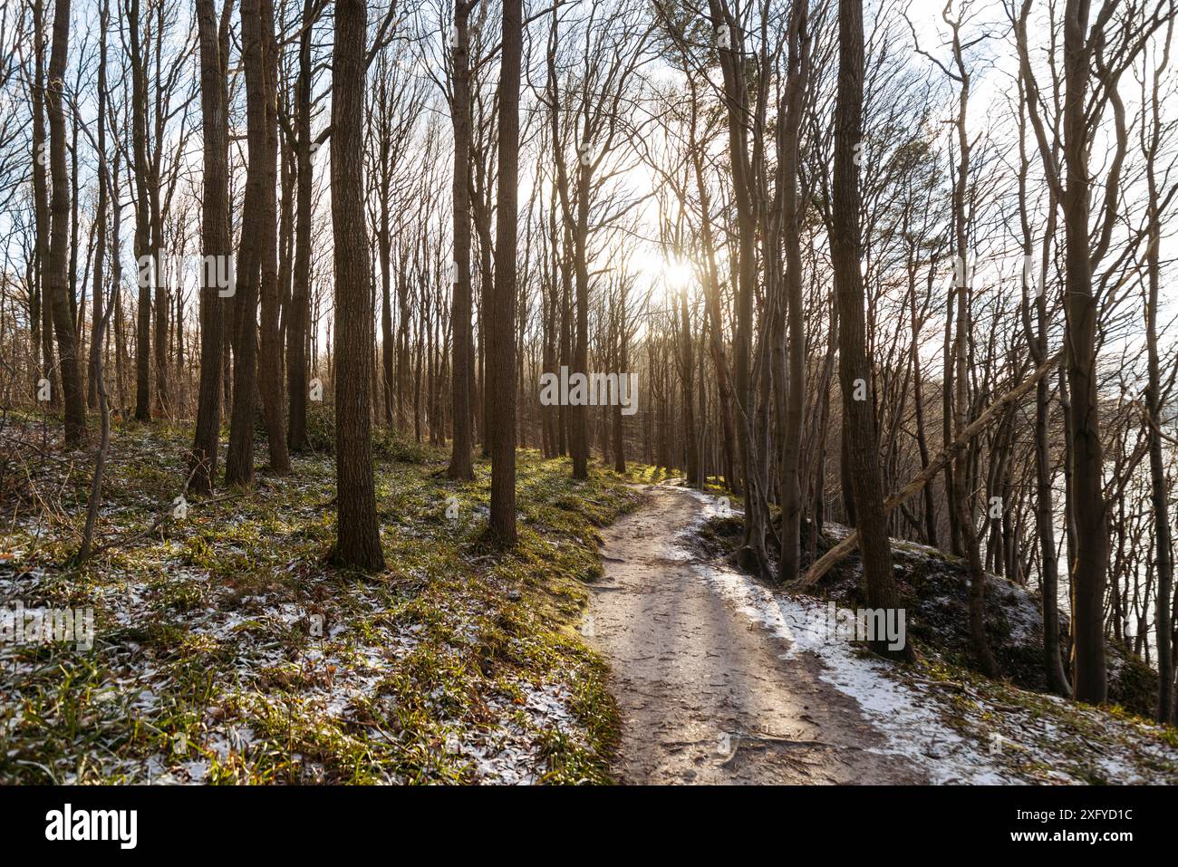 Randonnée dans la vallée printanière hivernale avec vue sur la mer Baltique Banque D'Images