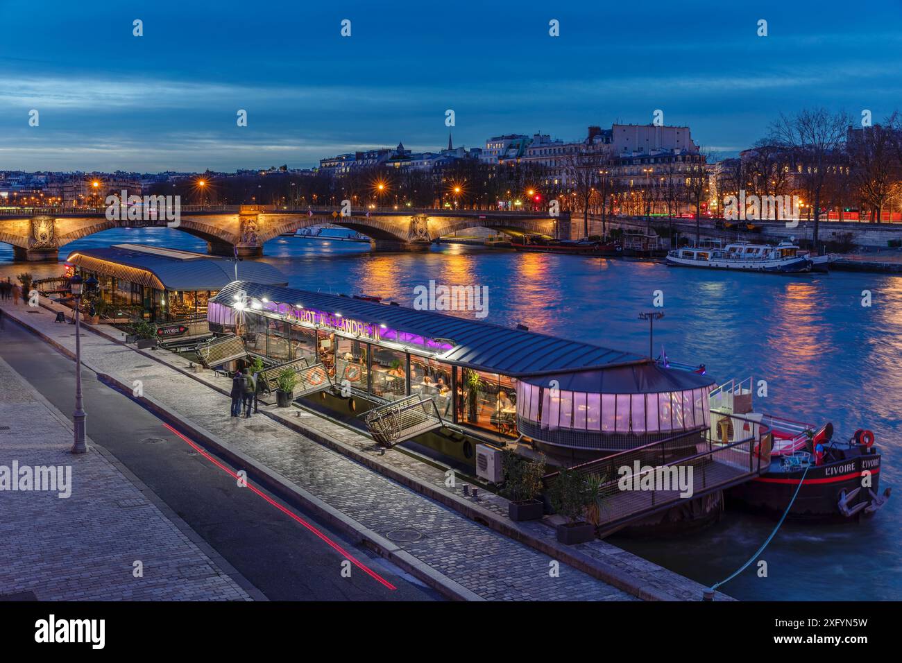 Bateau restaurant sur la Seine, avec Pont des Invalides, Invalides, Paris, Ile de France, France Banque D'Images