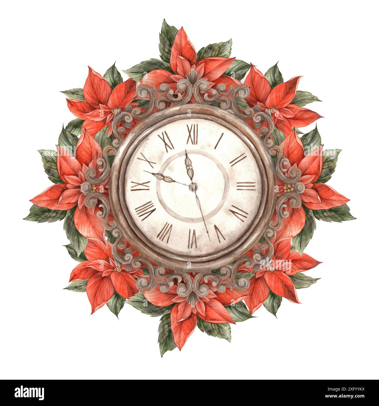Poinsettia, fleur rouge de Noël avec feuilles vertes et horloge vintage. Illustration aquarelle dans le style vintage sur fond isolé. Dessin pour inv Banque D'Images