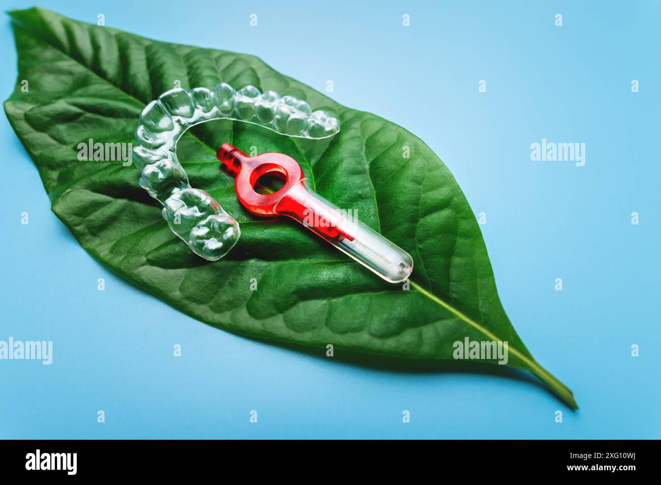 Bagues dentaires invisibles pour les dents, aligners de dents, bagues en plastique, dispositifs de retenue pour le redressement des dents et les soins avec brosse interdentaire. Orthodontique Banque D'Images