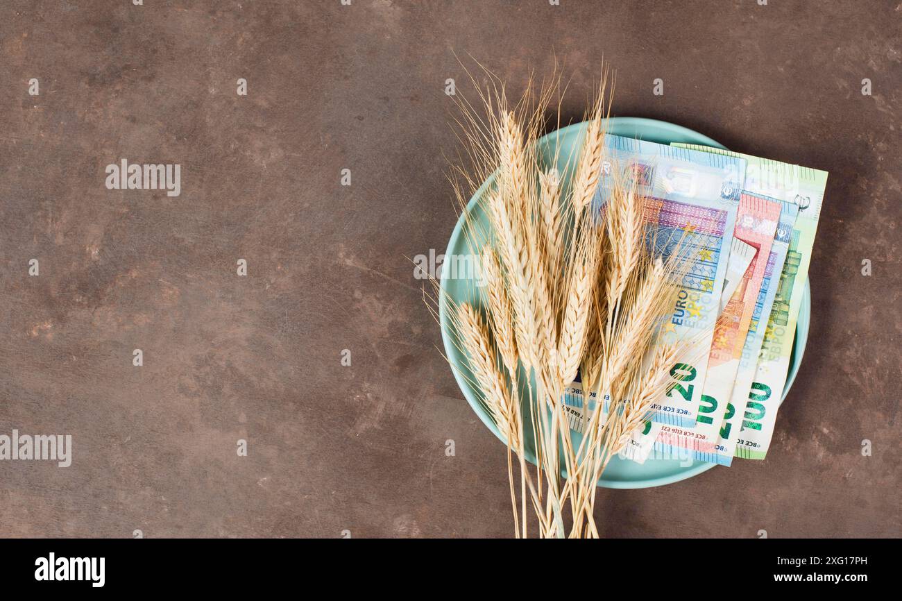 Assiette avec des billets de blé et d'euros, pénurie alimentaire et augmentation des prix, pauvreté par l'inflation Banque D'Images