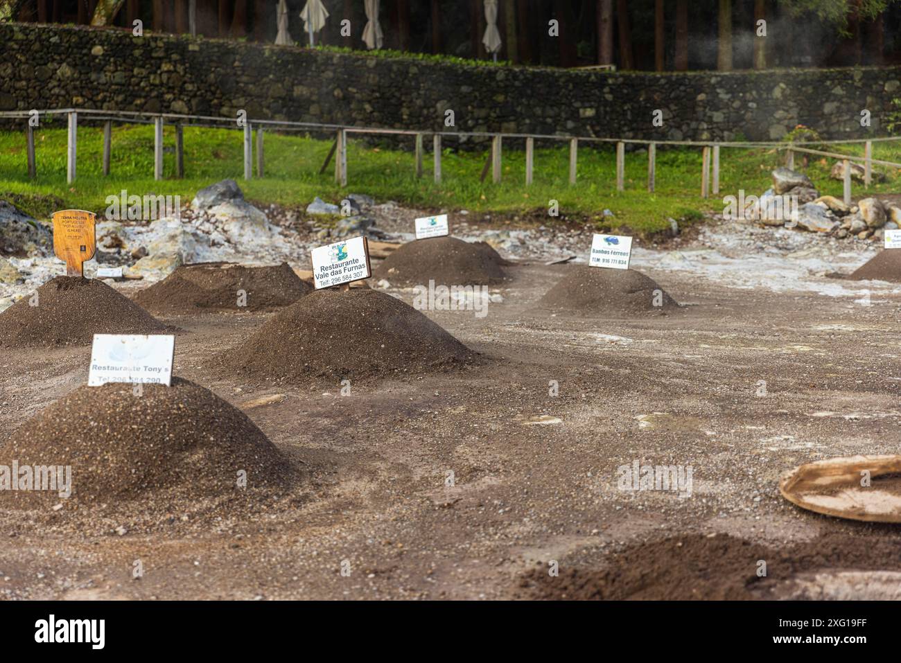 Cuisson du repas Cozido Das Furnas, un ragoût de viande cuit par la vapeur volcanique du lac Furnas Banque D'Images