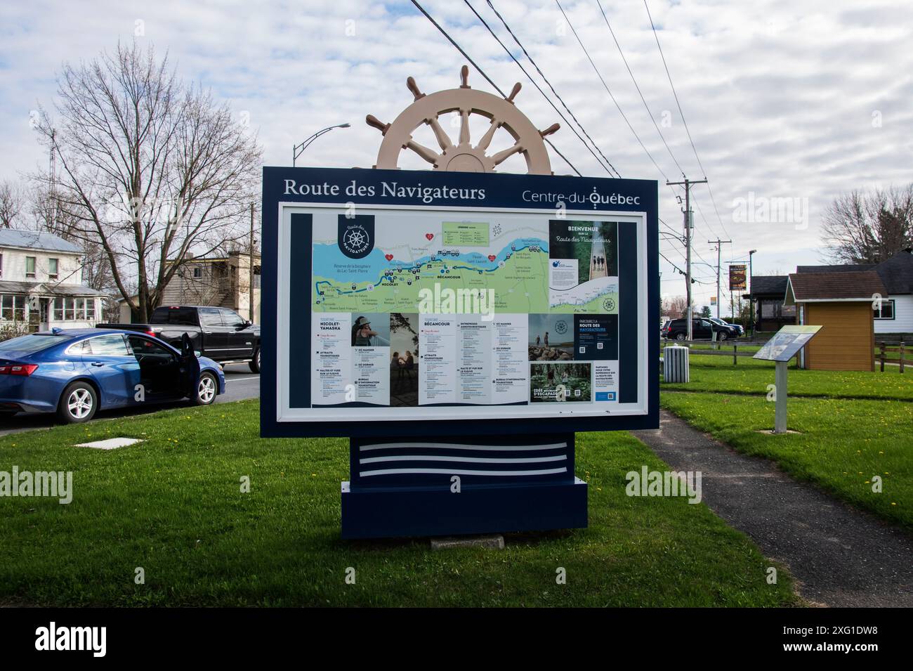 Bienvenue sur la route des navigateurs le long du panneau du fleuve Saint-Laurent sur QC 132 à Saint-François-du-Lac, Québec, Canada Banque D'Images