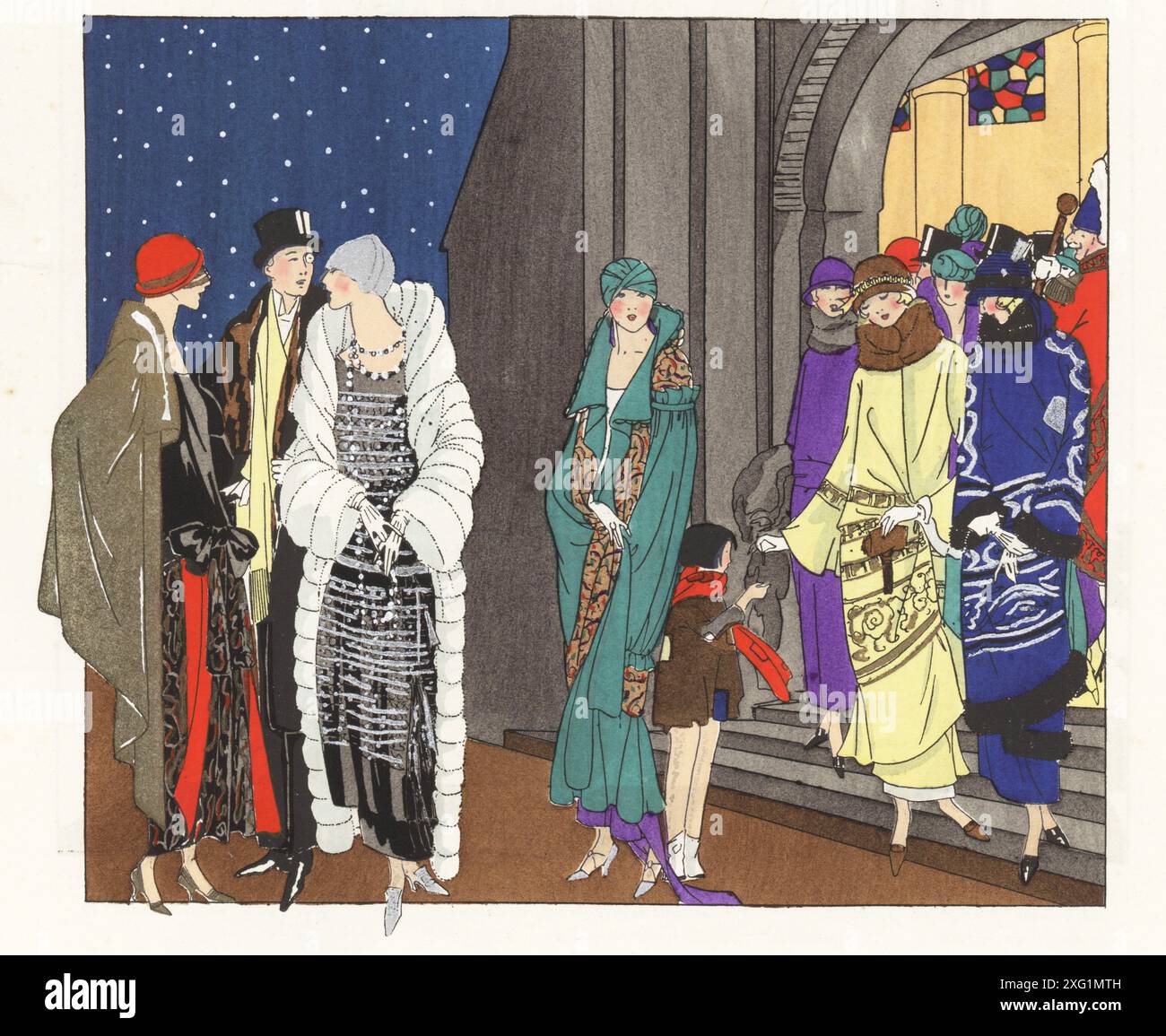 Femmes à la mode quittant un service religieux du soir, 1922. Portant des manteaux et des robes de luxe de Georges Doeuillet, Philippe et Gaston, Martial et Armand. Mikado, Caprice, Infidele. Lithographie pochoir (pochoir) colorée à la main d'après une illustration de Miss Colette, Miss J. Dory, Miss Mariotton et Miss Vitrotto de Art, goutte, Beaute, publié par le magazine de mode AGB, Lyon, 1922. Banque D'Images