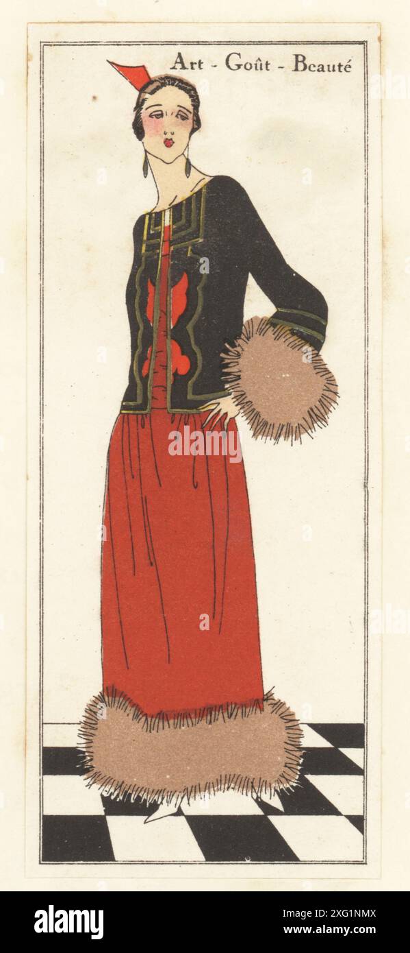 Femme à la mode en robe de luxe par Paul Poiret, 1922. Robe en taffetas vermillon rouge, tunique en velours de soie noir avec tresse dorée et fourrure de weasel. Lithographie pochoir (pochoir) colorée à la main d'après une illustration de Miss Colette, Miss J. Dory, Burstin, myRIO ou P. Scavone de Art, goutte, Beaute, publié par le magazine de mode AGB, Lyon, Noël 1922. Banque D'Images