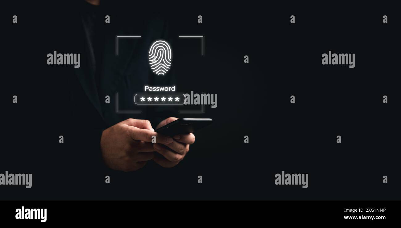 Homme d'affaires tenant smartphone avec authentification par empreinte digitale et écran de mot de passe. Symbolise la sécurité numérique, la confidentialité, la protection des données. Parfait pour Banque D'Images