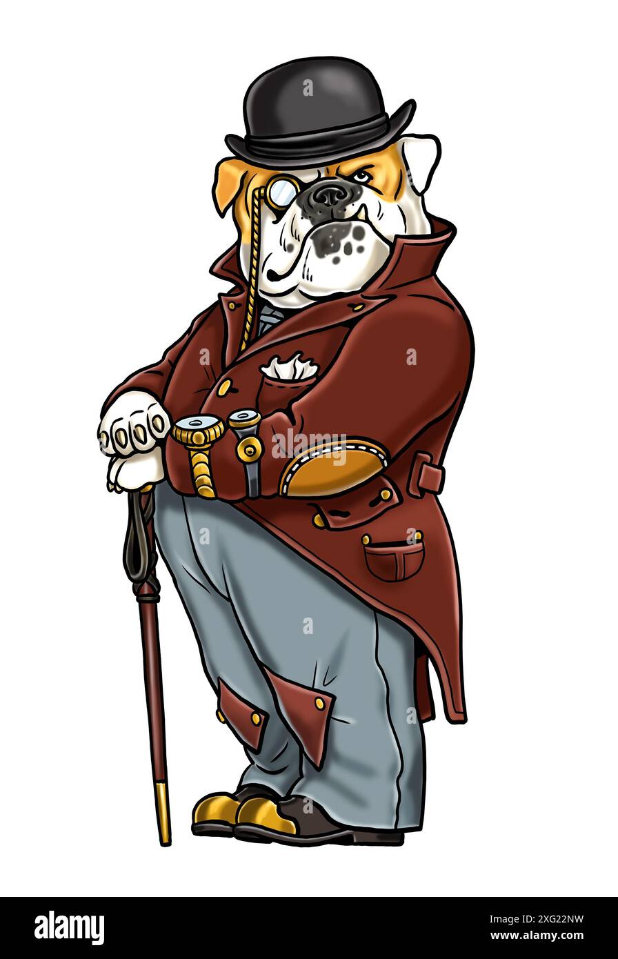 Bouledogue anglais drôle habillé en gentleman. Dessin de chien Steampunk. Chien comme un humain. Banque D'Images