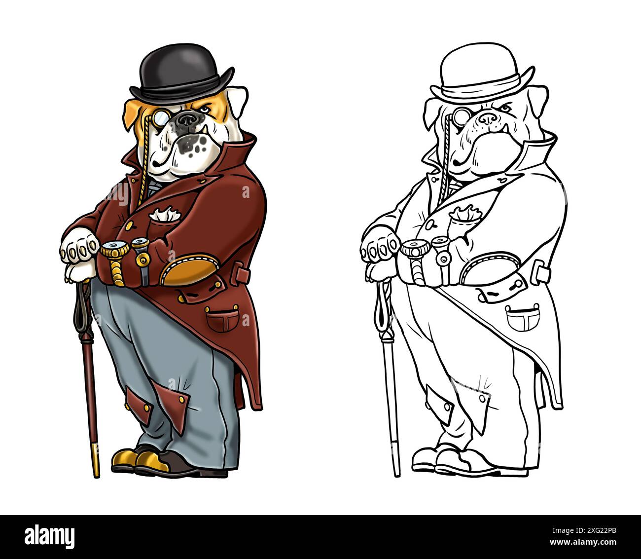 Bouledogue anglais drôle habillé en gentleman. Dessin de chien Steampunk. Chien comme un humain. Banque D'Images