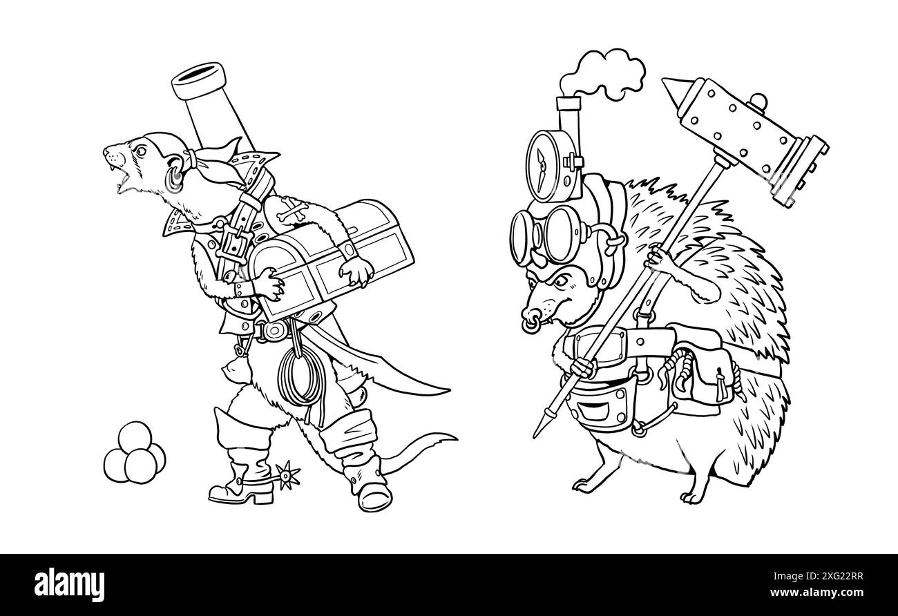 Furet drôle et hérisson habillés en pirates. Coloriage avec des personnages animaux steampunk drôles. Banque D'Images
