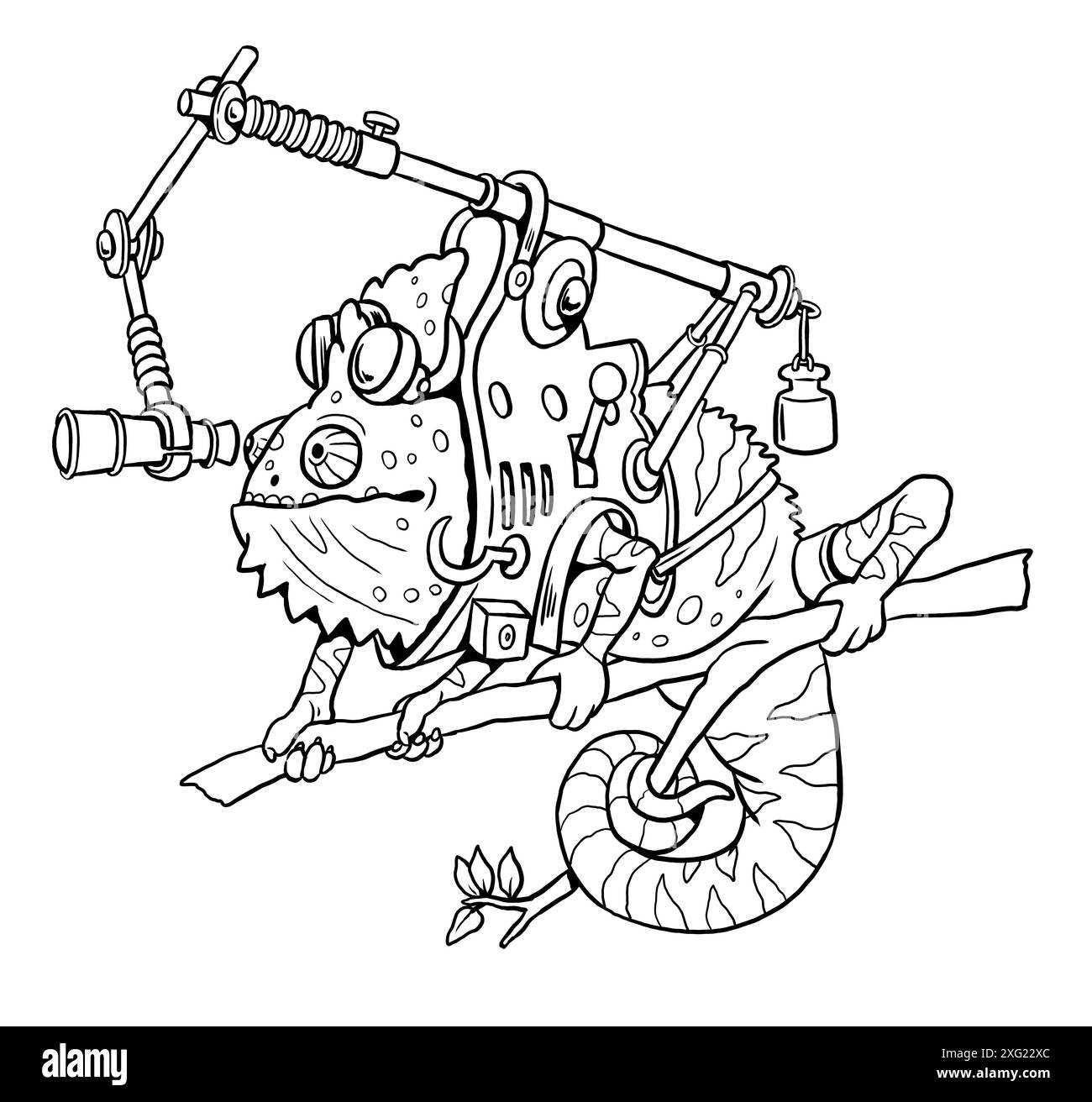 Caméléon steampunk drôle avec des jumelles. Coloriage avec des personnages animaux steampunk drôles. Banque D'Images