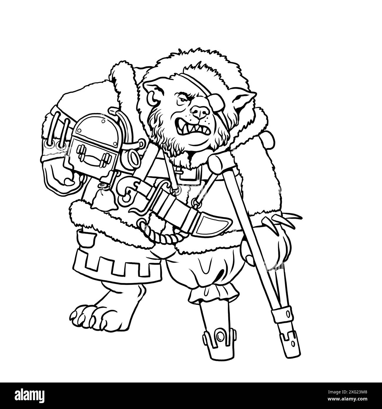 Pirate loup drôle avec jambe en bois et coffre au trésor. Coloriage avec des personnages animaux steampunk drôles. Banque D'Images
