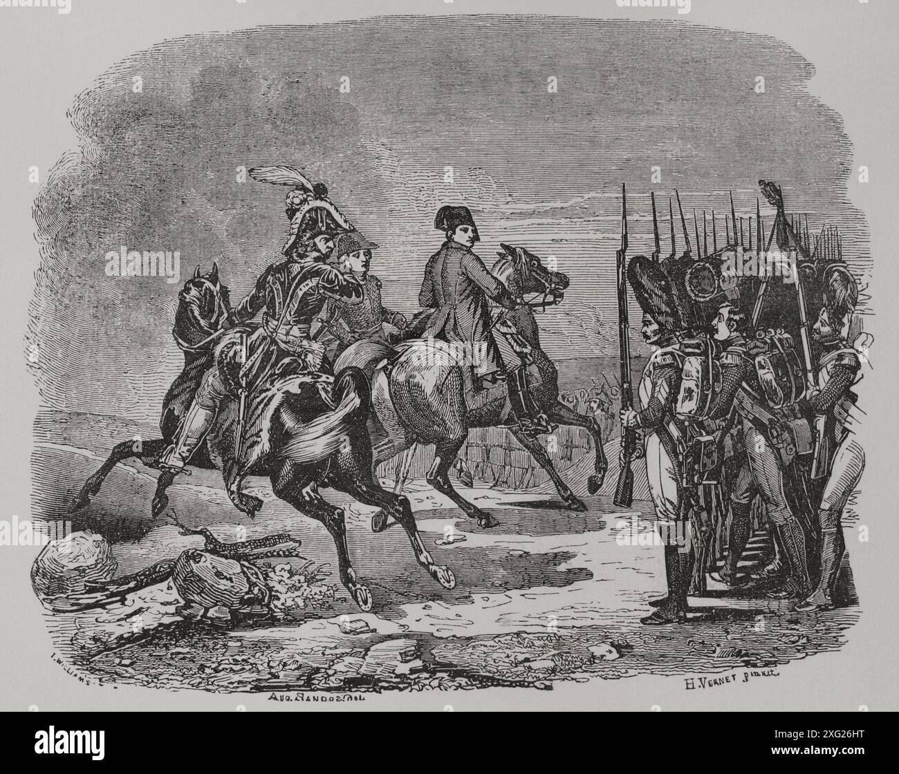 Bataille d'Iéna (14 octobre 1806). L'armée française sous Napoléon a vaincu les troupes prussiennes commandées par Frédéric-Guillaume III de Prusse. Napoléon Ier à la bataille d'Iéna. Napoléon passe en revue la Garde impériale. La scène représente Napoléon assistant au salut d'un Grenadier de la Garde impériale. Murat est représenté derrière lui. Gravure de Williams d'après une peinture de Horace Vernet. 'Los Héroes y las Grandezas de la Tierra' (les héros et les grandeurs de la Terre). Volume VIII 1856. Banque D'Images