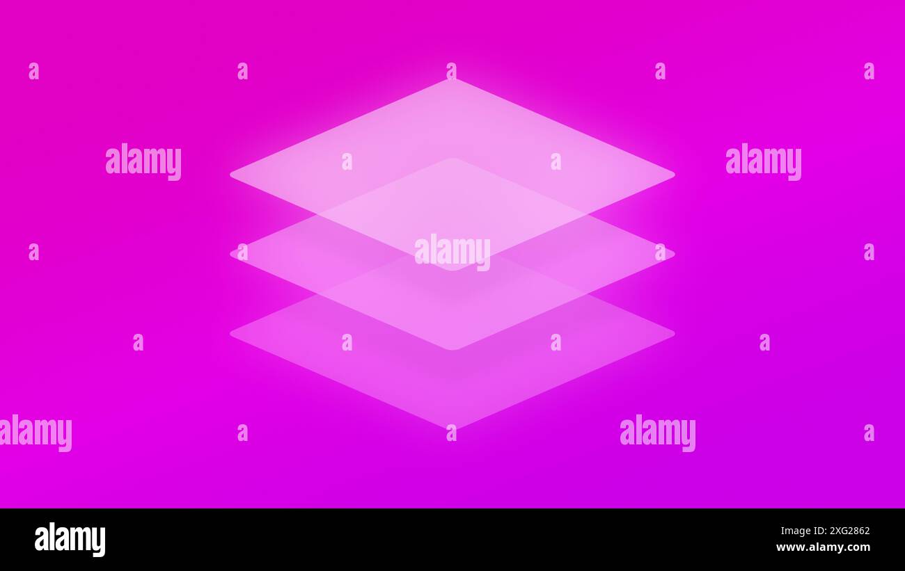 Trois formes de losanges lumineux transparents et superposés (carrés inclinés) sur un fond dégradé de couleurs rose à violet vif et éclatant. Copier l'espace. Banque D'Images