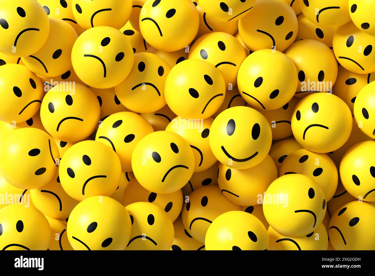 L'emoji smiley jaune vif brille parmi le groupe des tristes, symbolisant l'espoir et la joie dans un monde de désespoir. rendu 3d. Banque D'Images