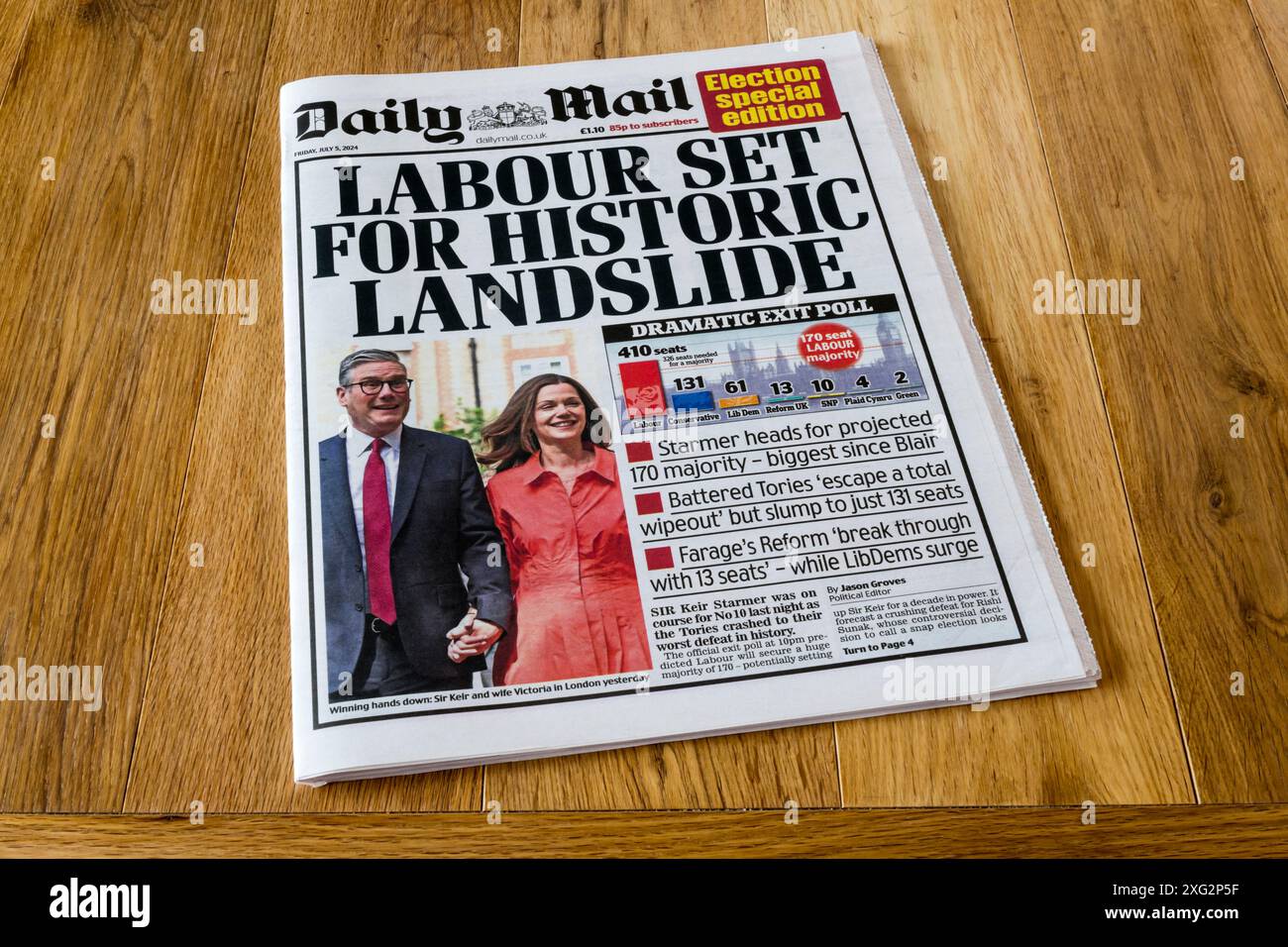 5 juillet 2024. Le lendemain de la victoire du Parti travailliste aux élections générales, le titre de la page d'accueil du Daily mail se lit comme suit : le Parti travailliste est prêt pour un glissement de terrain historique. Banque D'Images