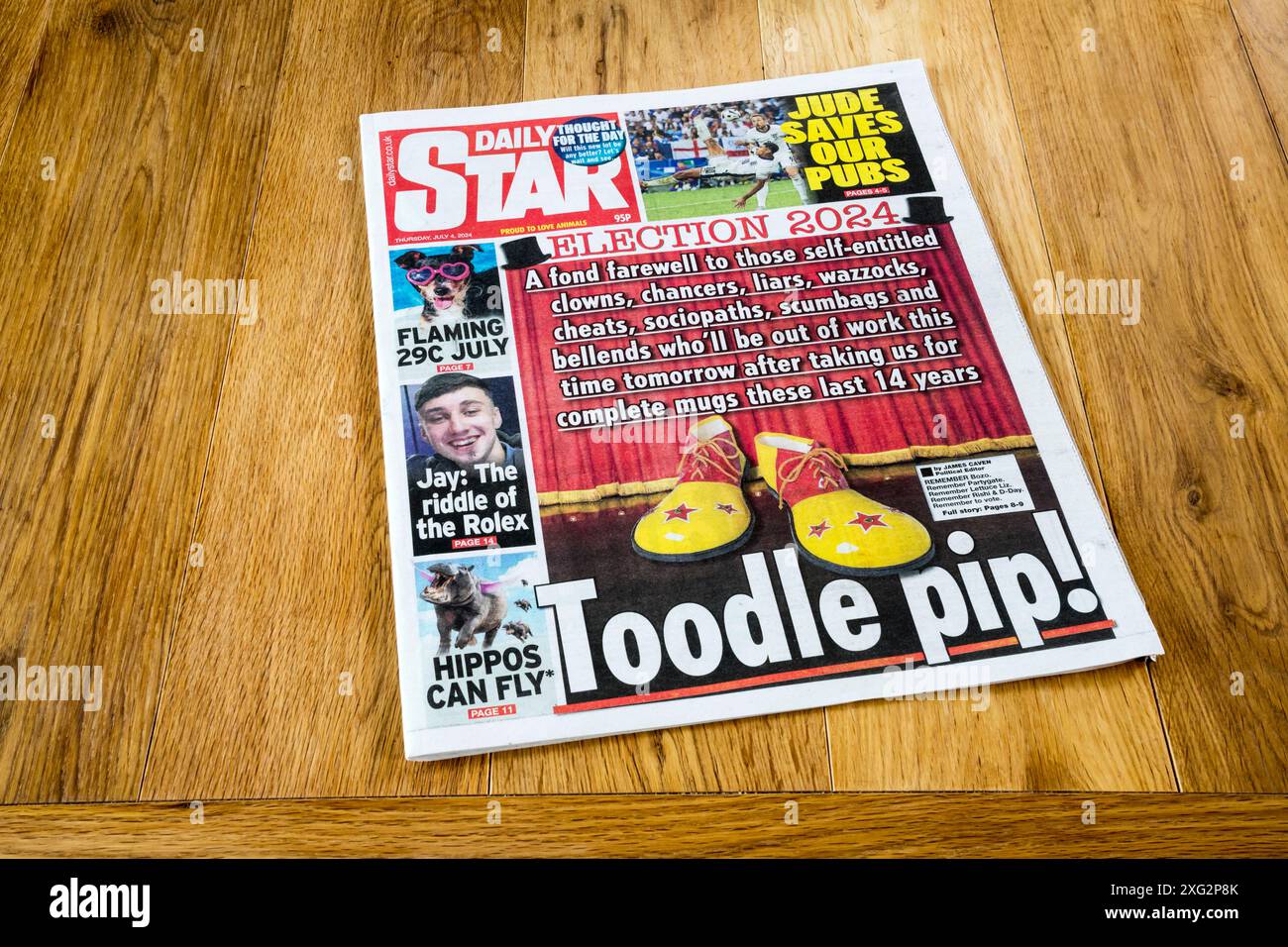 4 juillet 2024. Le jour de l'élection générale, le titre de la première page du Daily Star dit adieu aux conservateurs dans leur propre style avec les mots Toodle pip! Banque D'Images
