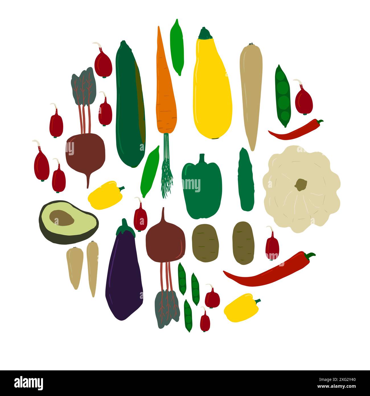 Différents légumes en forn ronde, design plat. Illustration de Vecteur