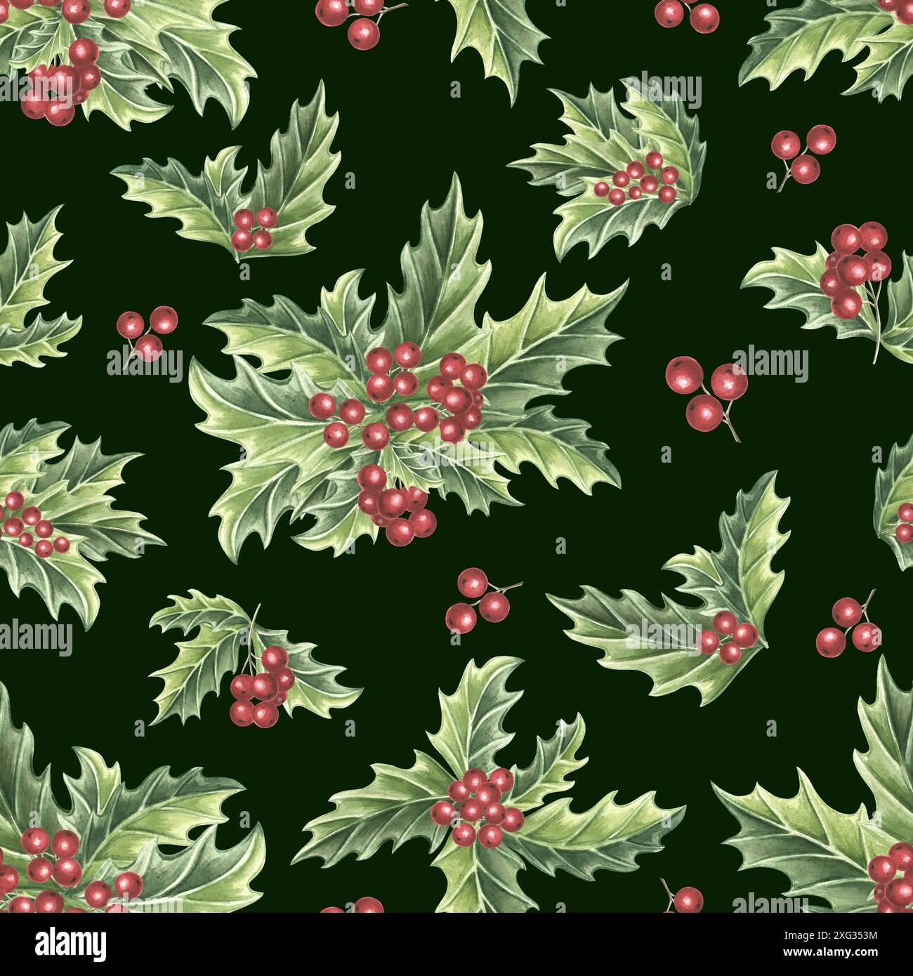 Feuilles vertes houx et baies rouges. Noël modèle sans couture vintage. Illustration d'aquarelle dessinée à la main. Décor botanique pour les vacances d'hiver Banque D'Images
