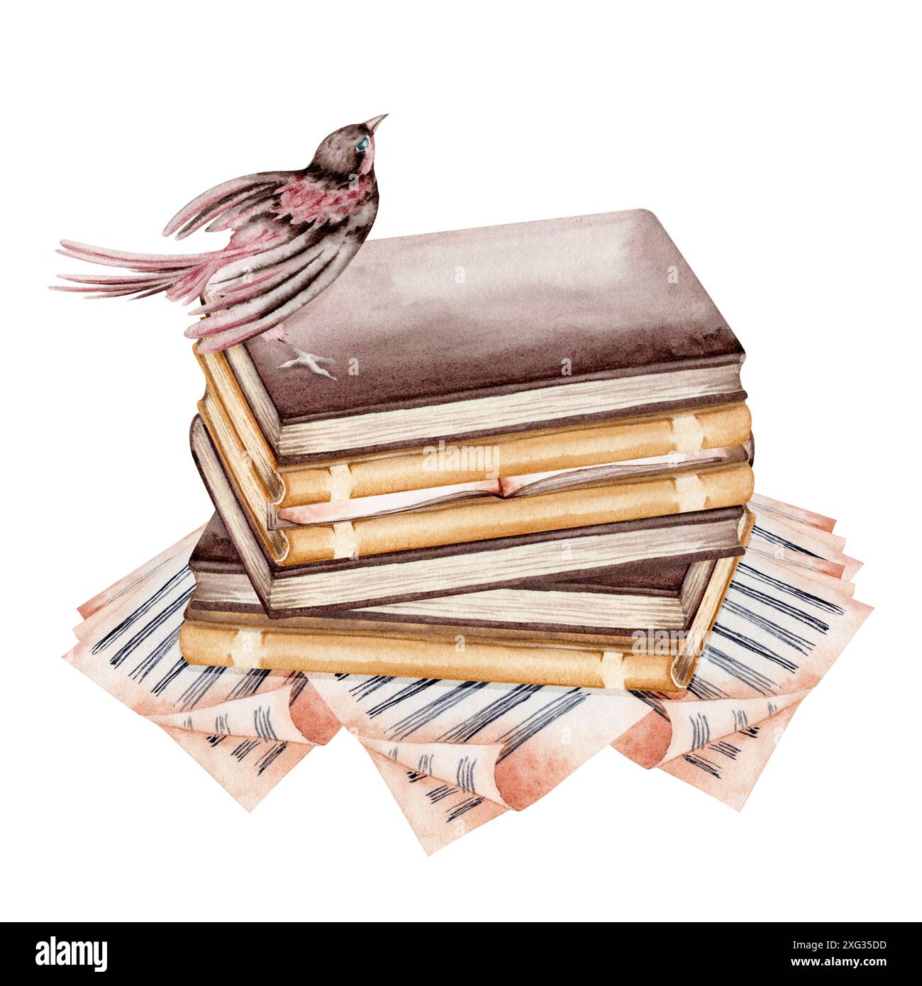 Petit oiseau sur une pile de vieux livres et de feuilles de papier manuscrit de musique. Composition de carte postale ou d'affiche vintage. Illustration d'aquarelle dessinée à la main Banque D'Images